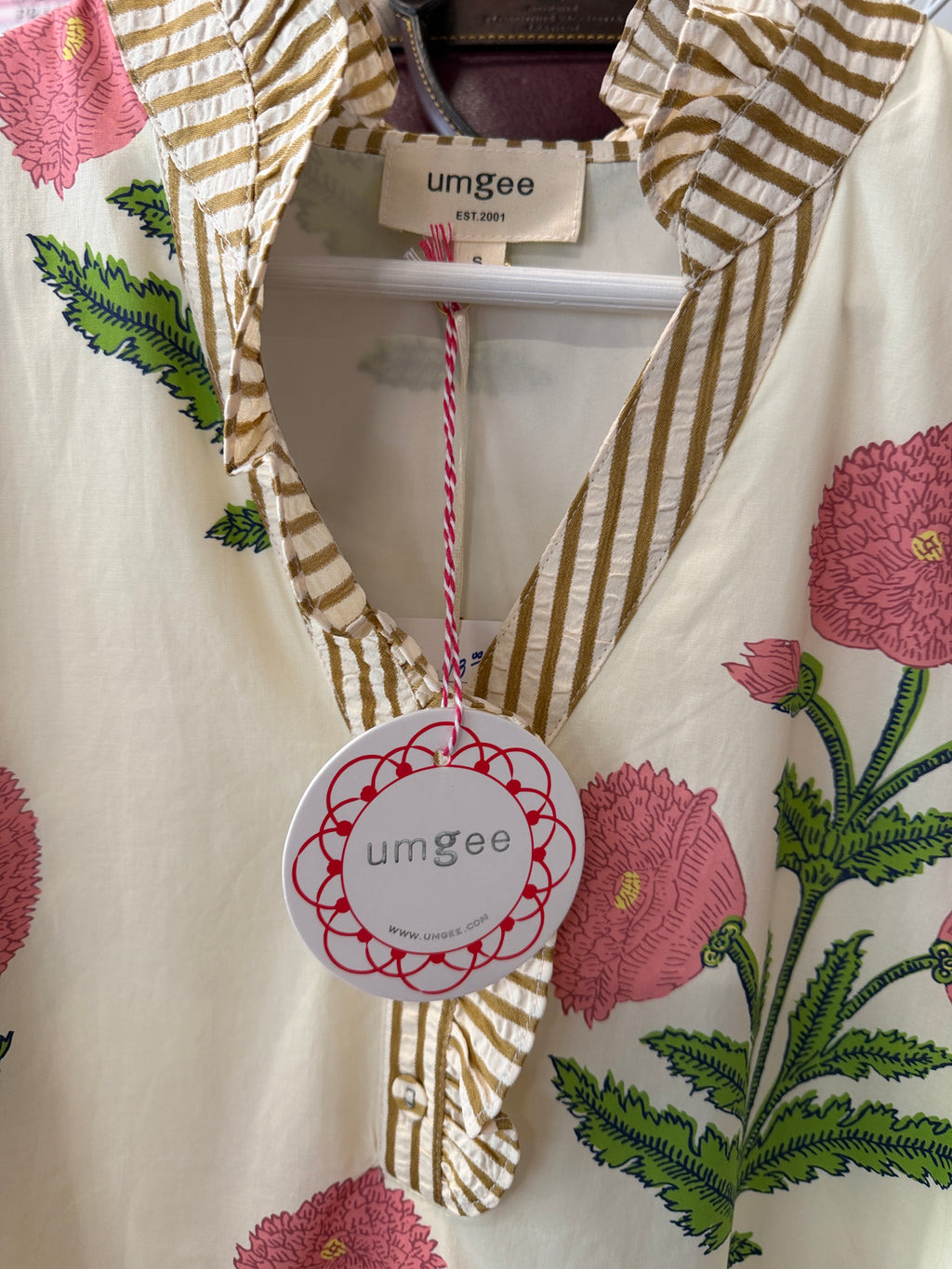 Umgee Cream Midi Dress with Pink Floral Print and Green Leaves