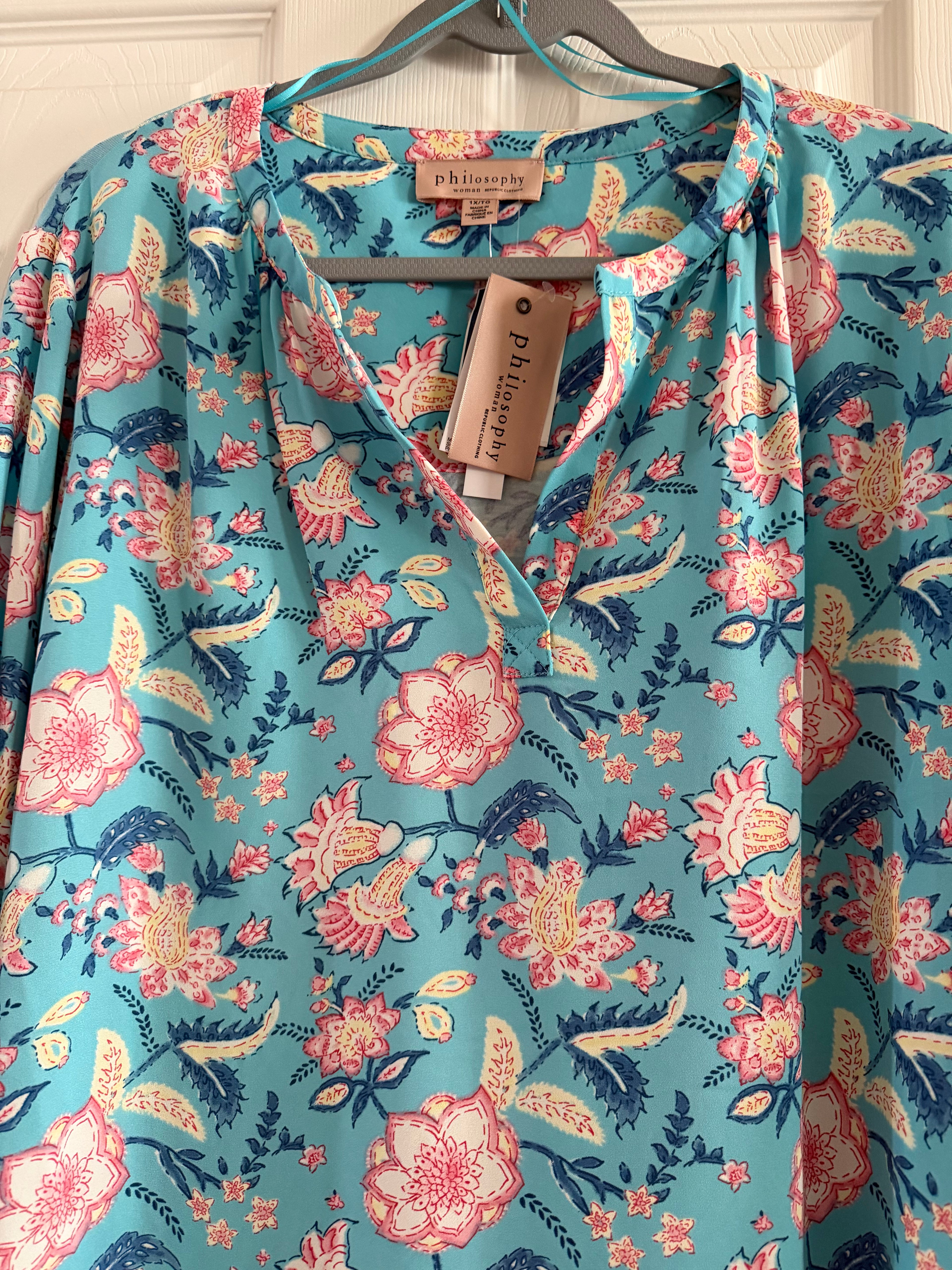 Philosophy Teal Floral V-Neck Blouse with Pink & Cream Accents