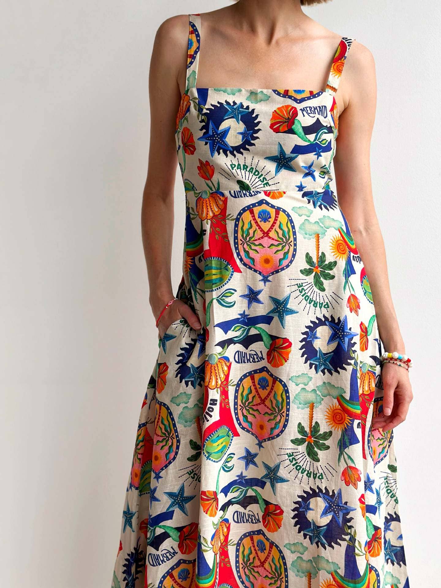 Temperament linen printed tank top swing dress: MULTICOLOR / (L) 1