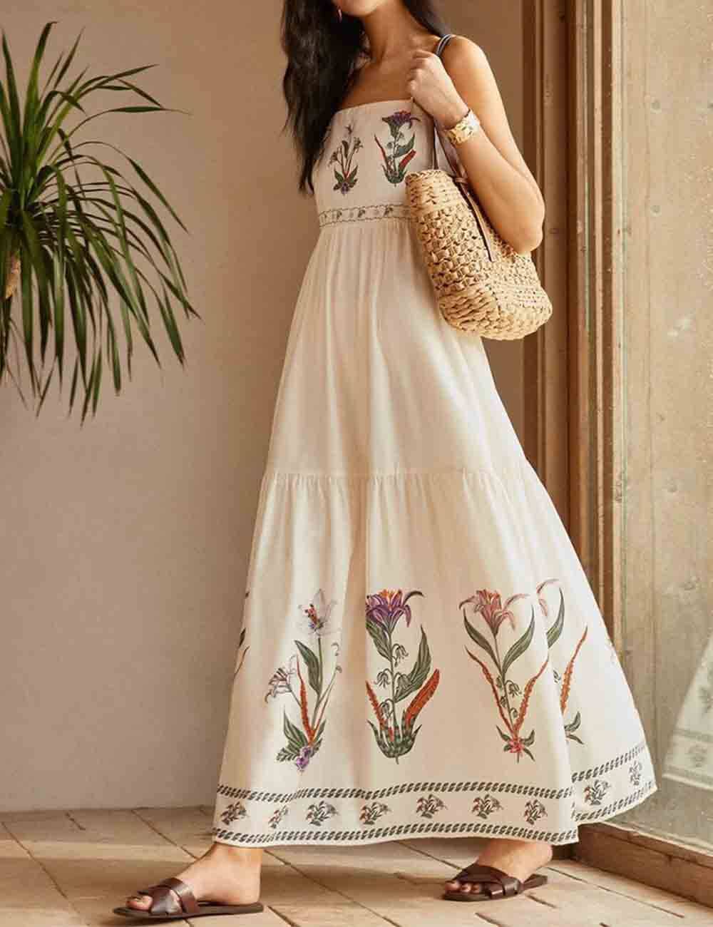 Ladies Floral Print Tiered Backless Maxi Dress: White / S