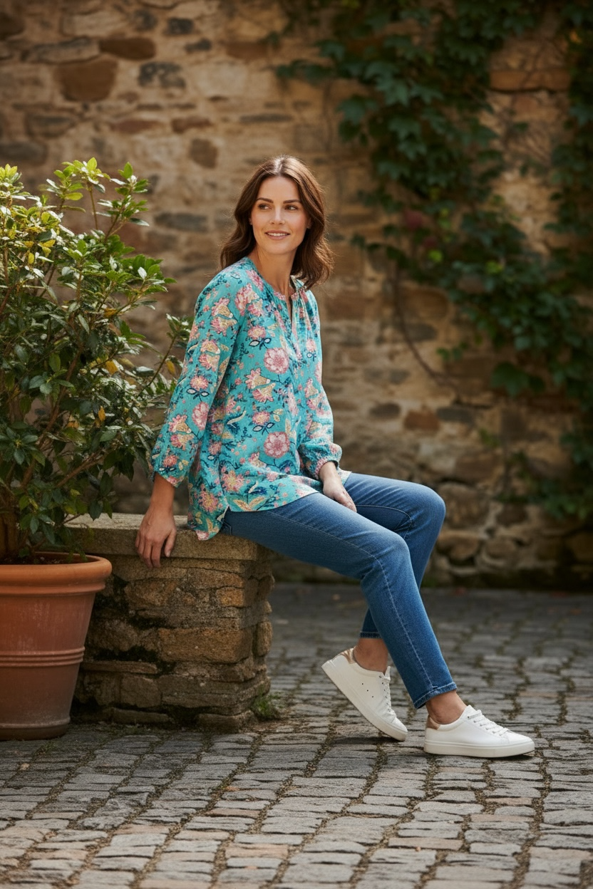 Philosophy Teal Floral V-Neck Blouse with Pink & Cream Accents