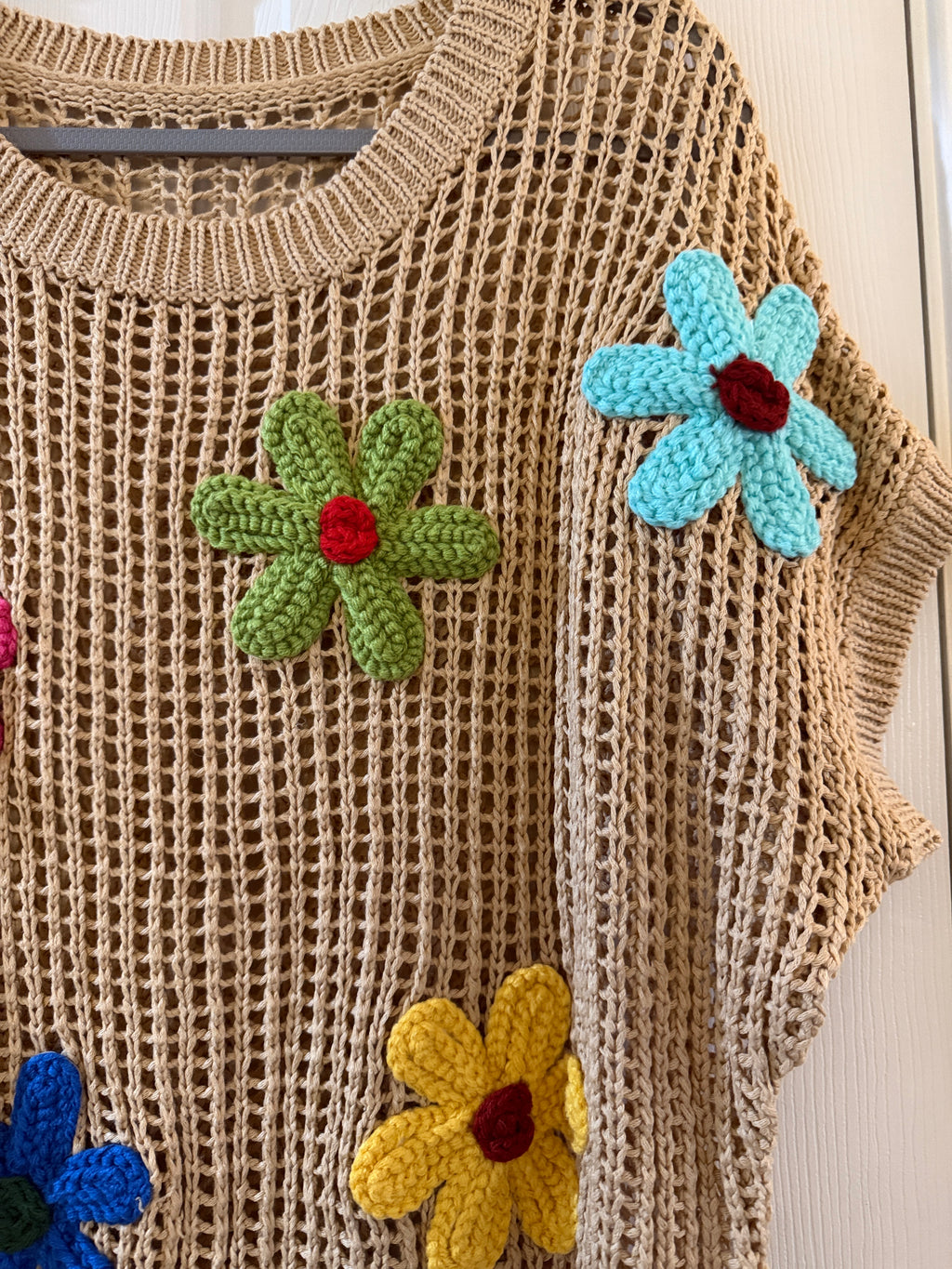 Beige Crochet Flower Appliqué Sweater Top