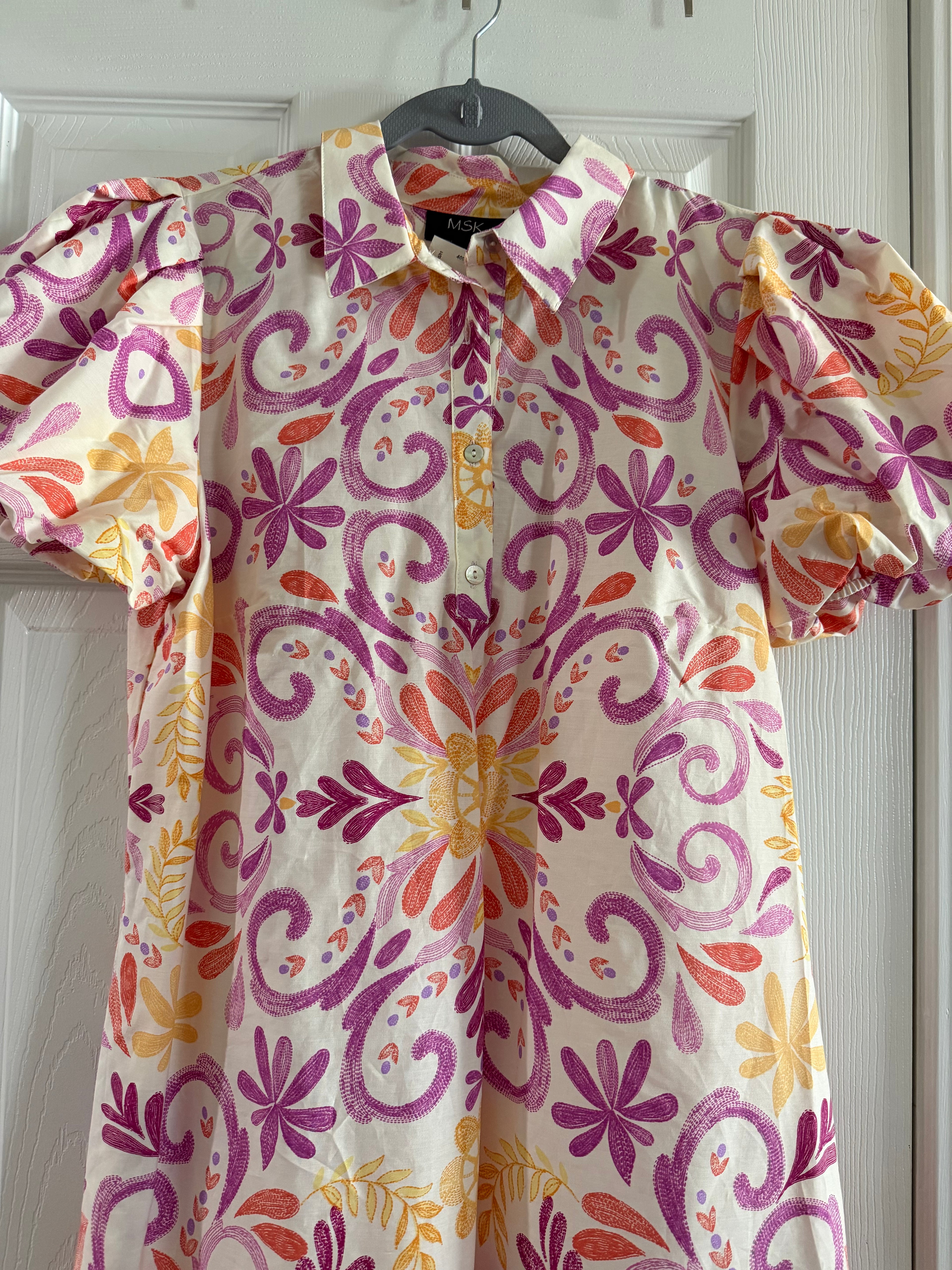 Floral Puff-Sleeve Dress in Purple, Orange & Yellow