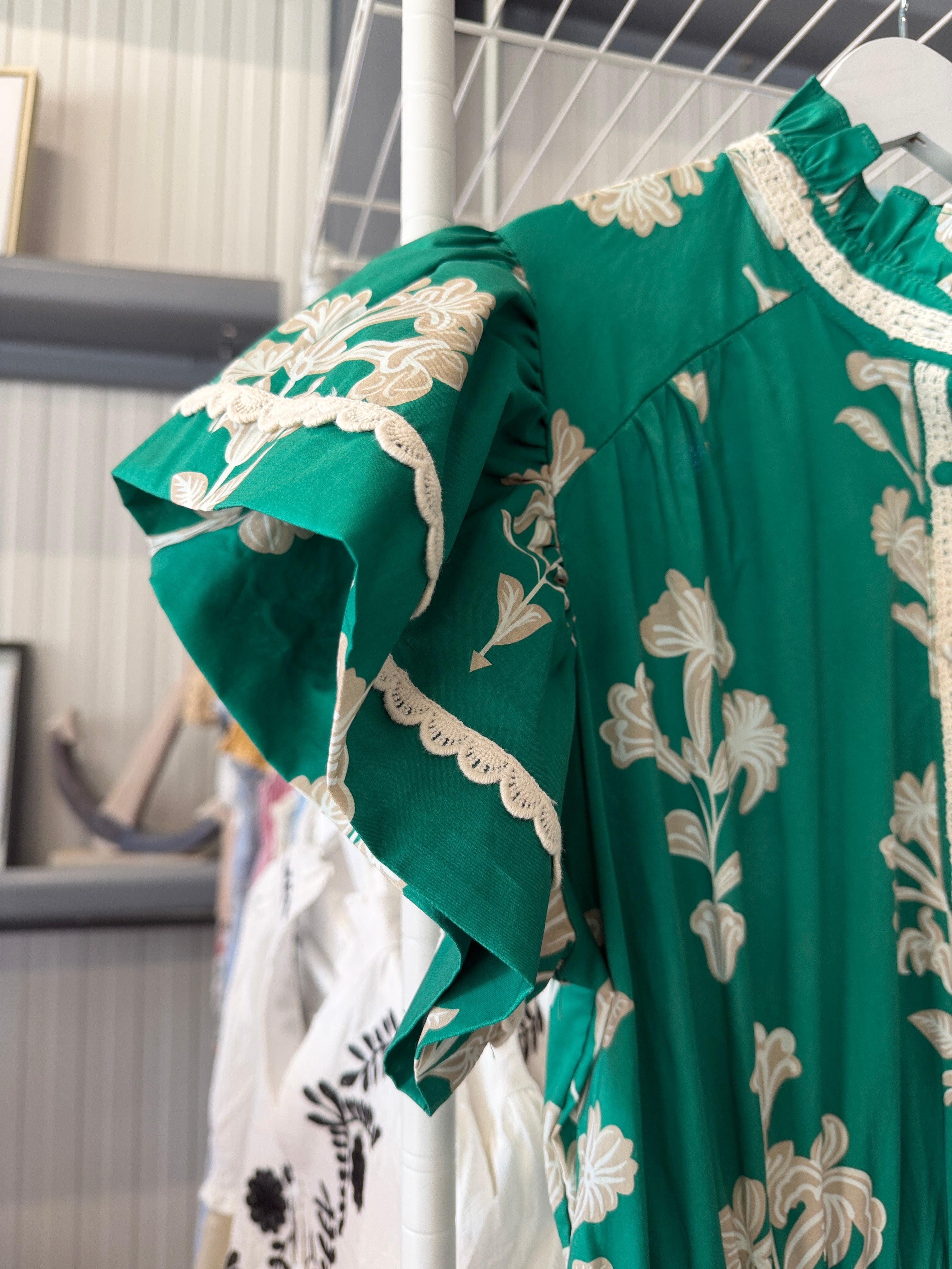Umgee Green Midi Dress with Cream Floral Print
