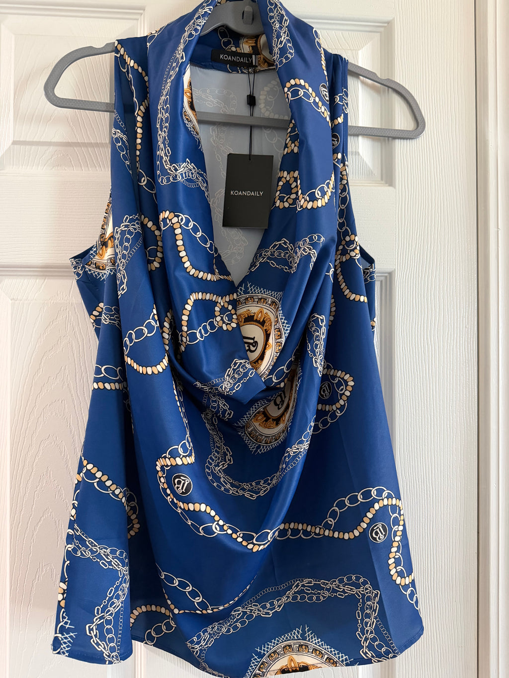 Koan Daily Royal Blue Chain Print Cowl Neck Tank