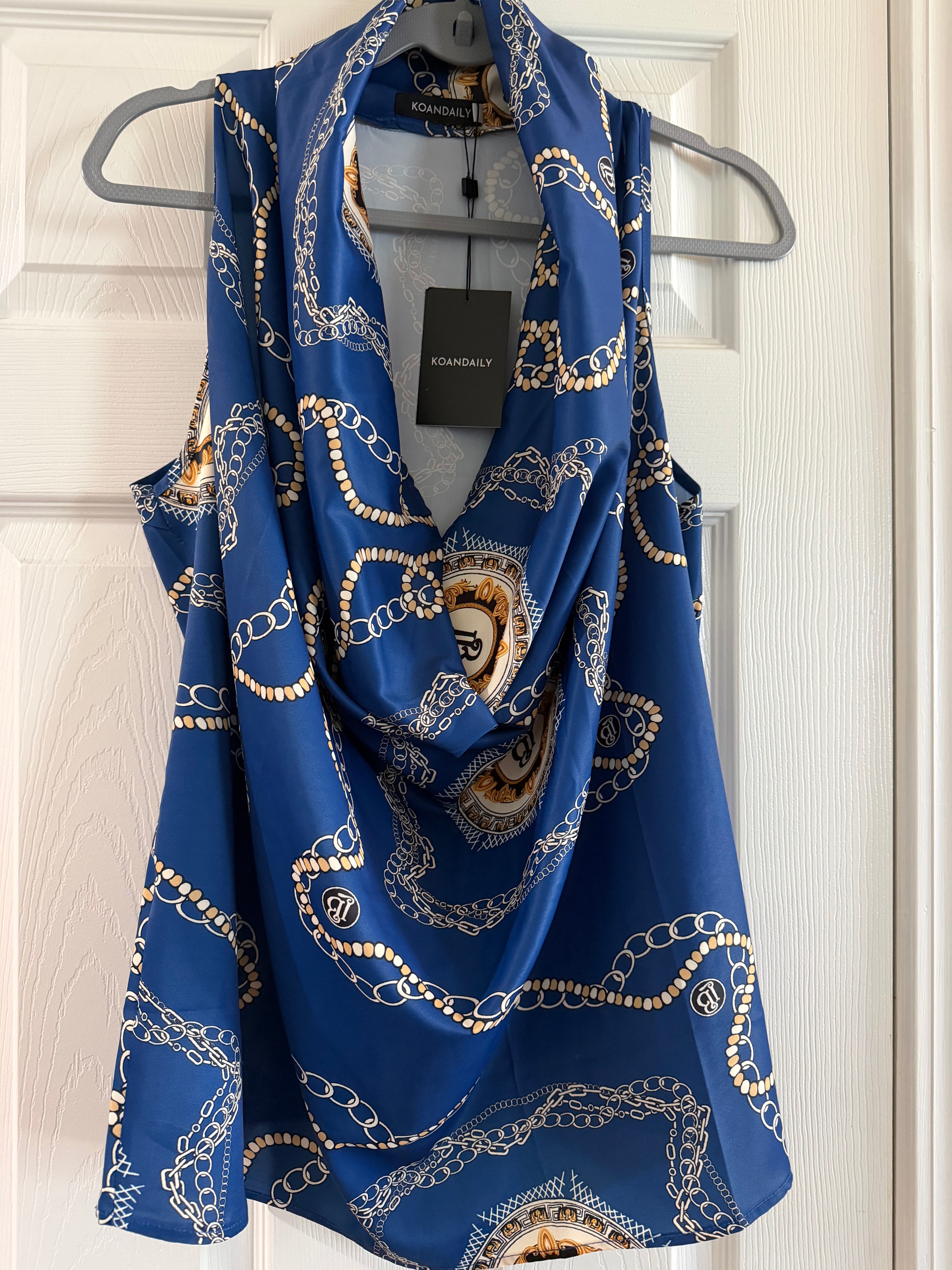 Koan Daily Royal Blue Chain Print Cowl Neck Tank