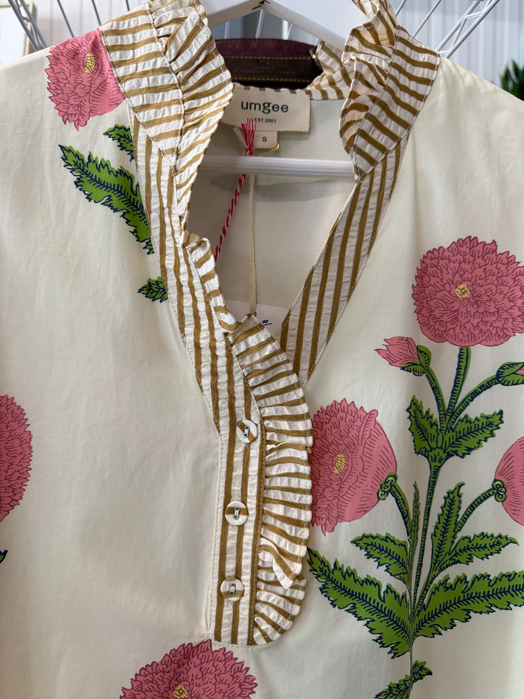 Umgee Cream Midi Dress with Pink Floral Print and Green Leaves