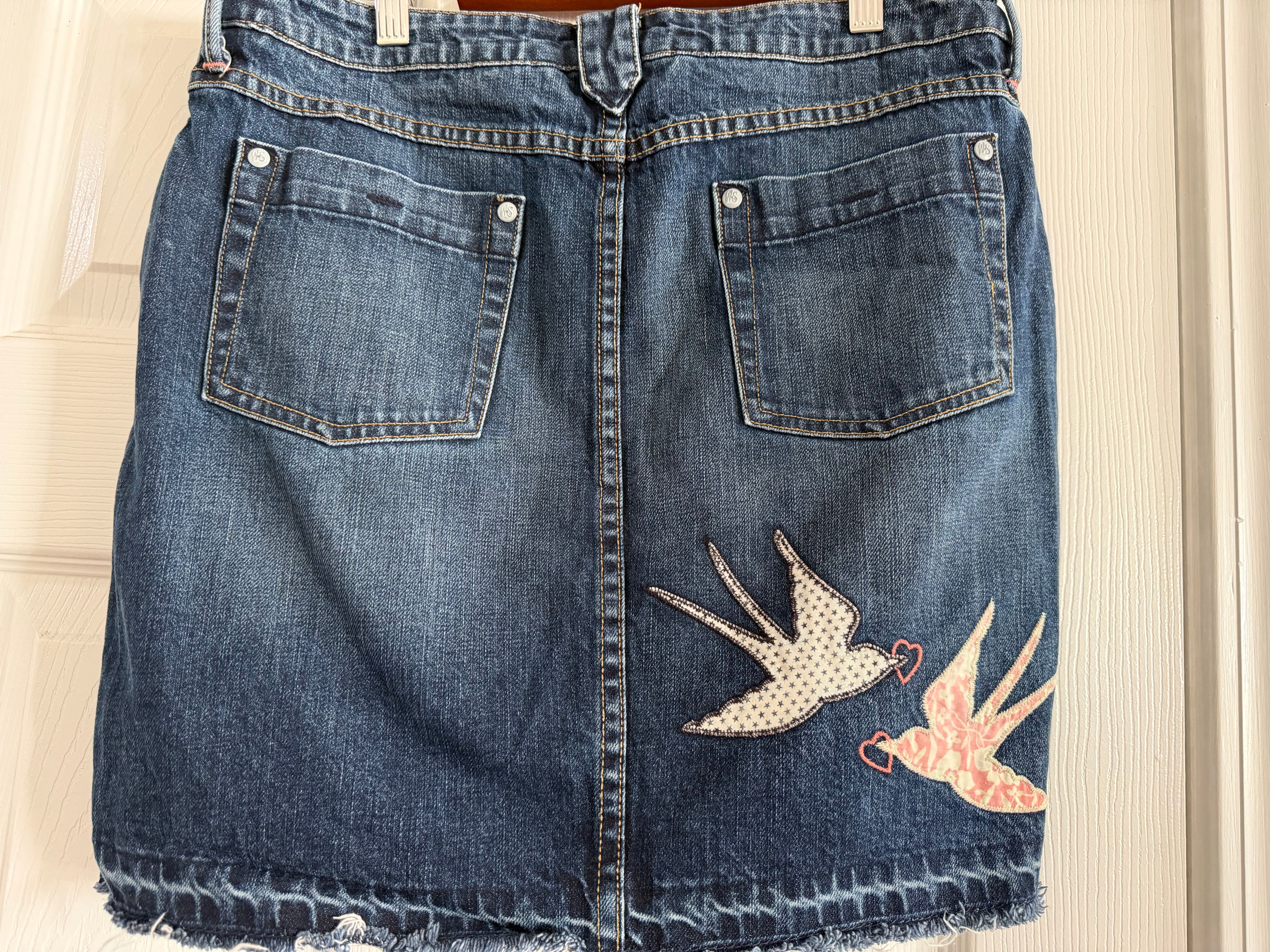 Women’s Dark Blue Denim Mini Skirt with Bird Appliqués