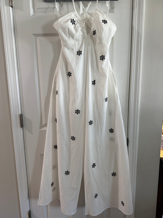 White Spaghetti-Strap Jumpsuit with Black Floral Embroidery