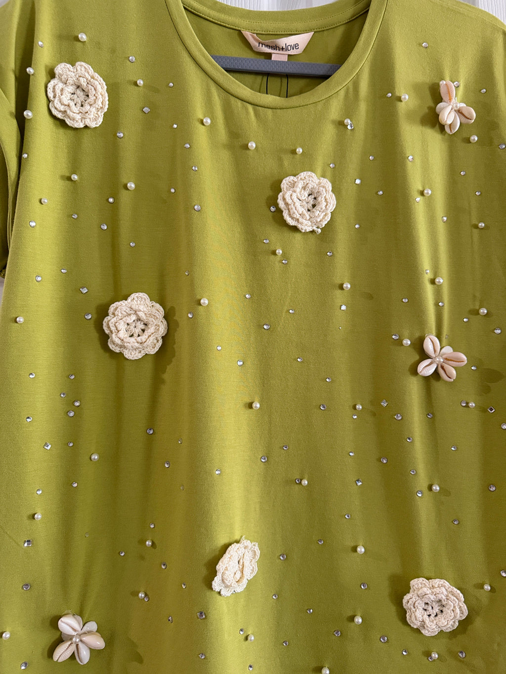 Mesh + Love Citrine Green Embellished Floral Tee