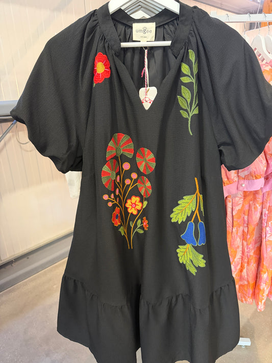 Umgee Black Tunic Dress with Multicolor Floral Embroidery