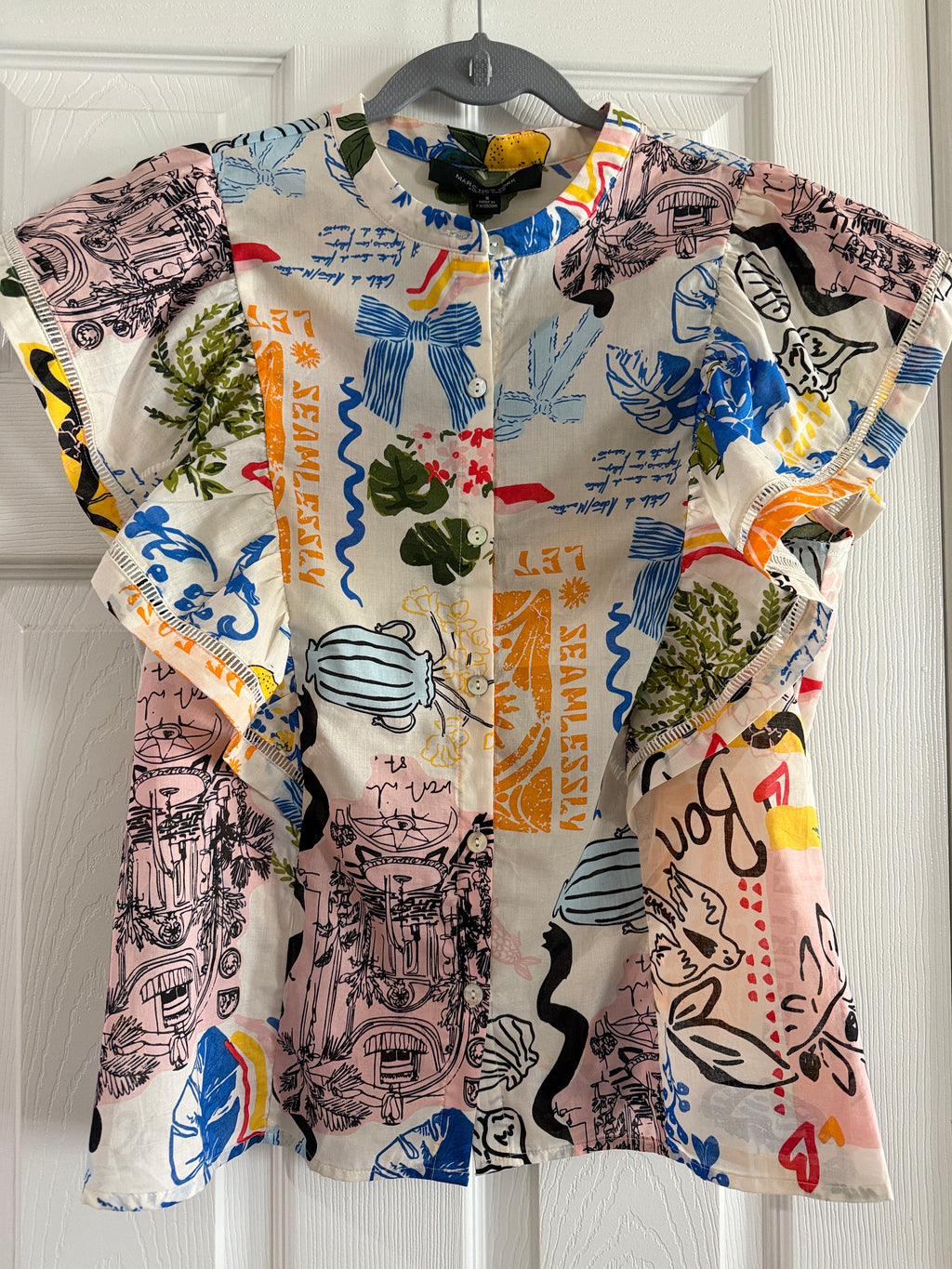 Marc New York Andrew Marc Playful Multicolor Graphic Button-Front Top