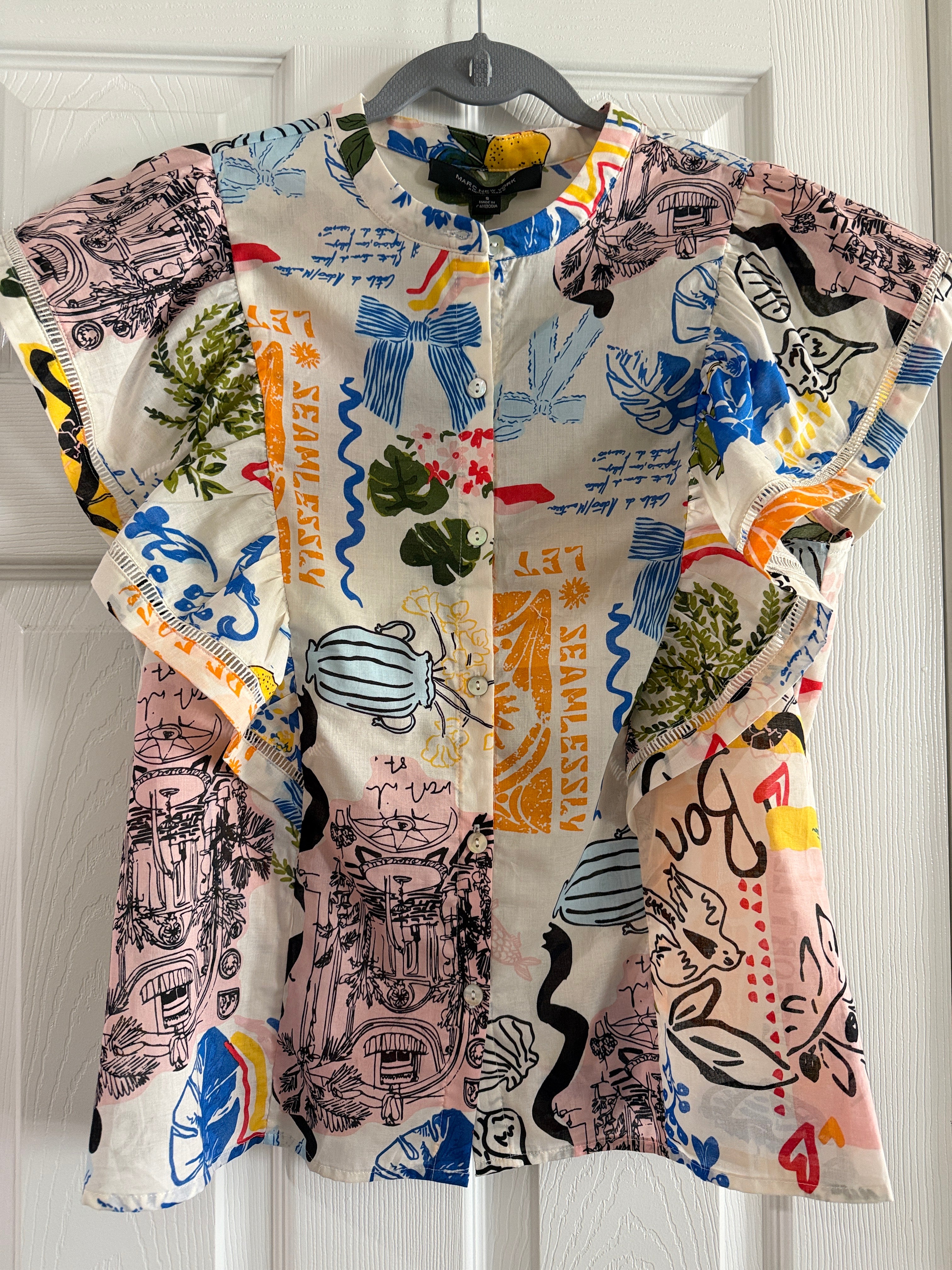 Marc New York Andrew Marc Playful Multicolor Graphic Button-Front Top