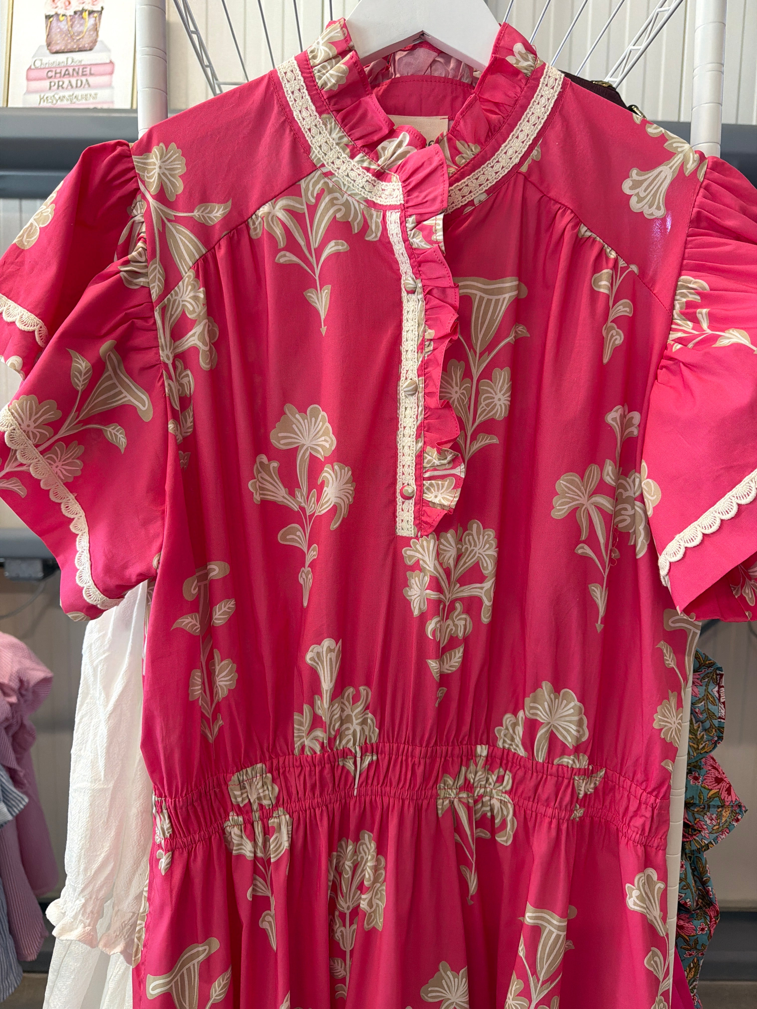 Bright Pink Floral Tiered Maxi Dress