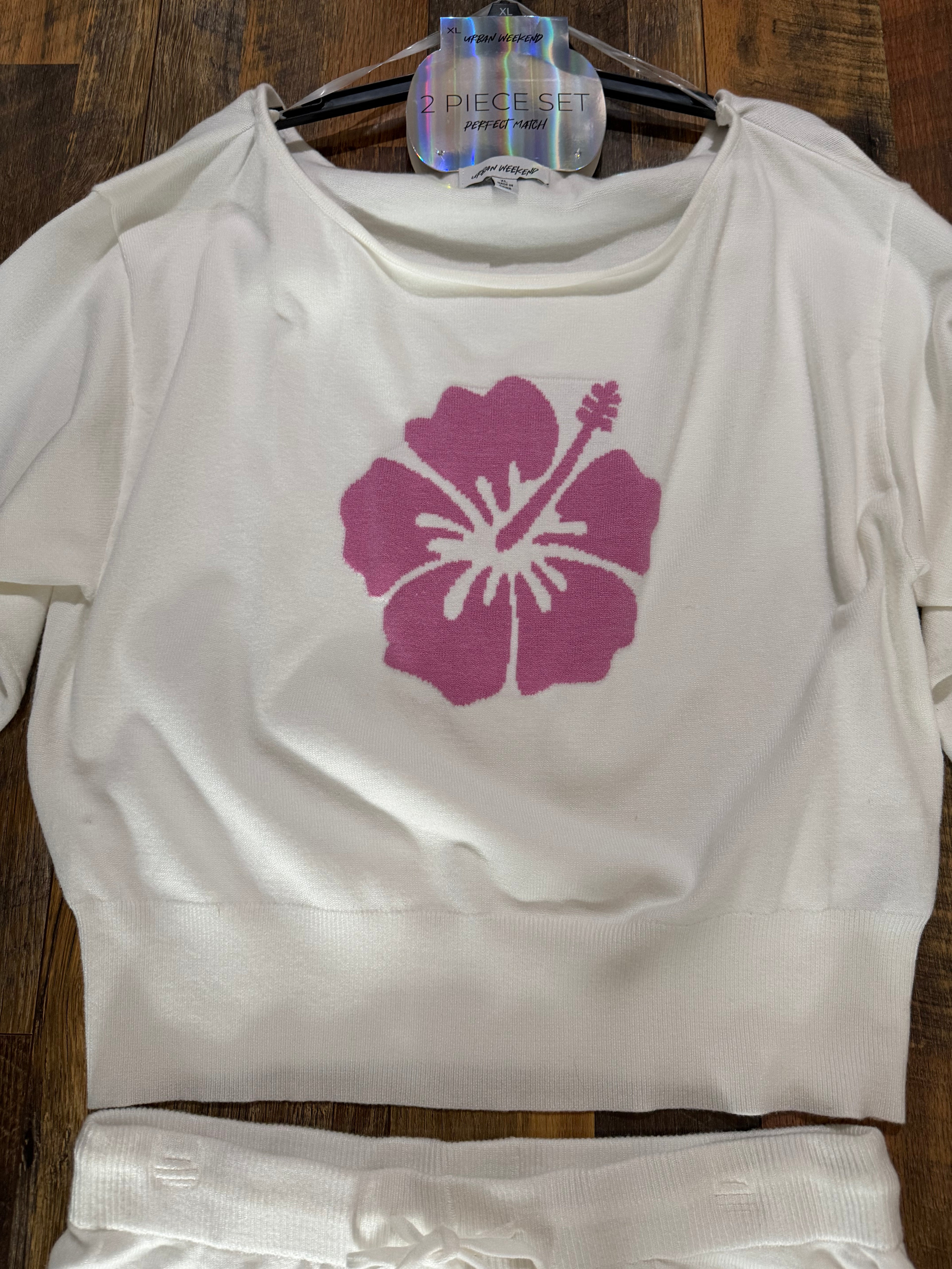 2 Piece Set Women’s Cream Sweater with Pink Hibiscus Graphic