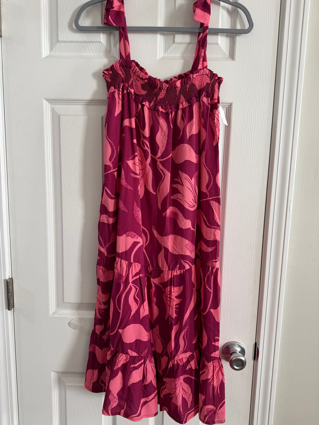 Women’s Pink Floral Midi Sundress-Sleeveless Tie Strap