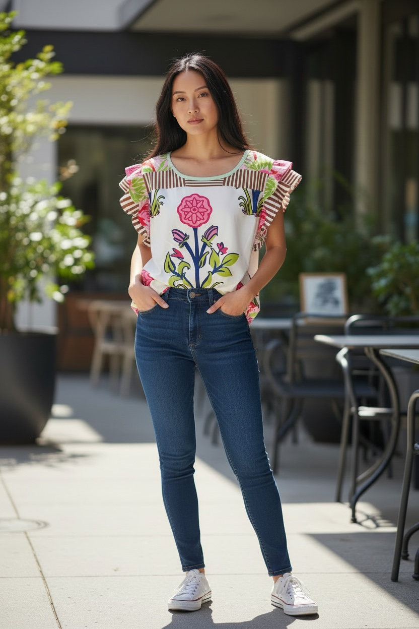 White Floral Graphic Tunic with Pink & Lime Accents