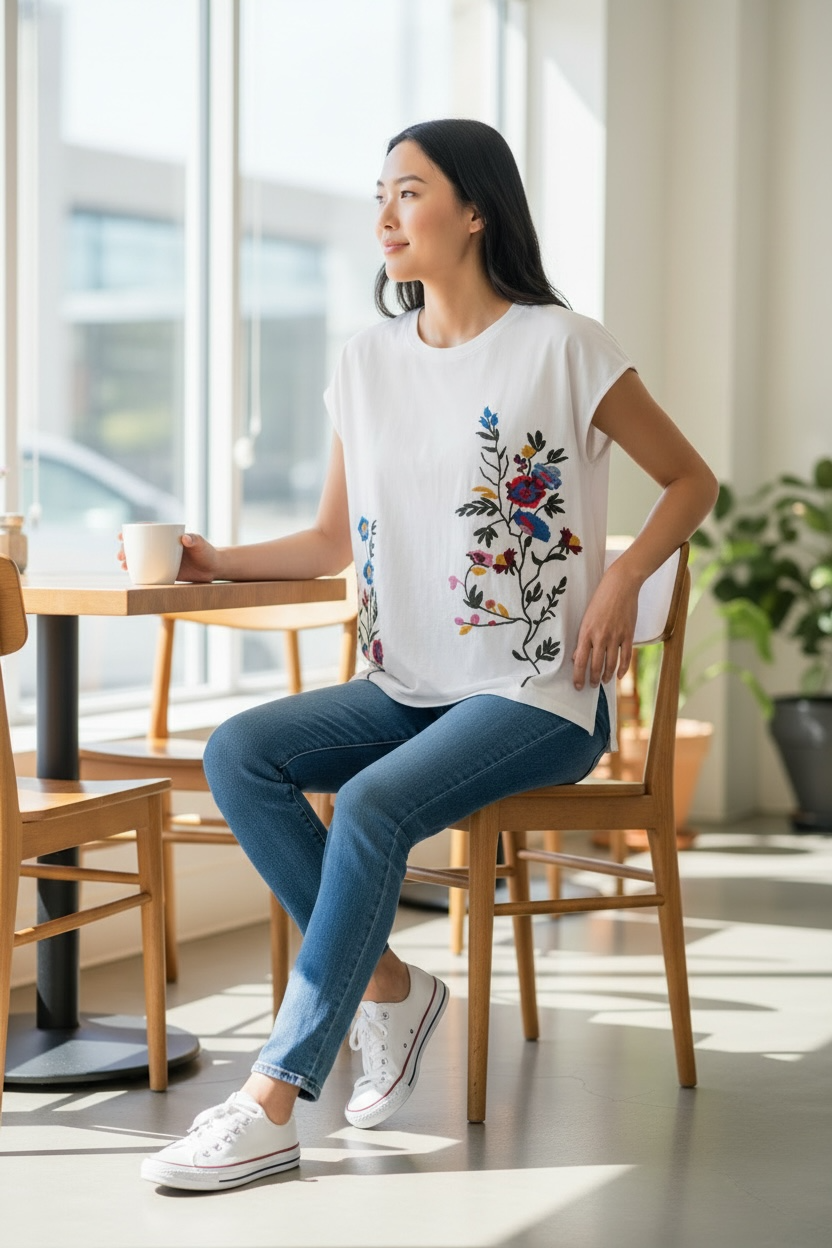Fig & Flower White Short Sleeve Tee with Multicolor Floral Embroidery