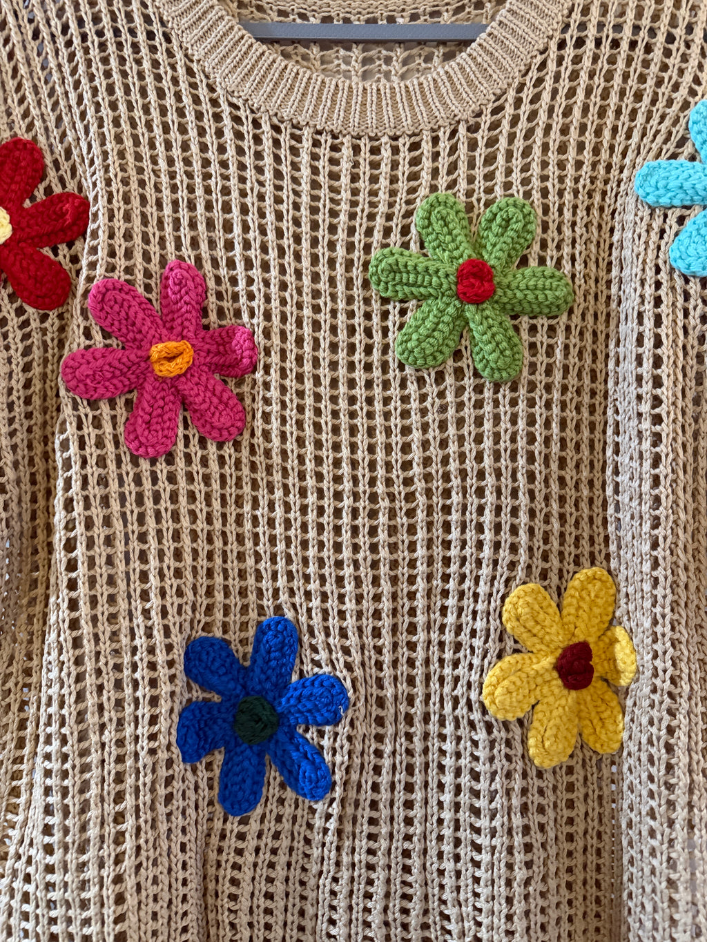 Beige Crochet Flower Appliqué Sweater Top