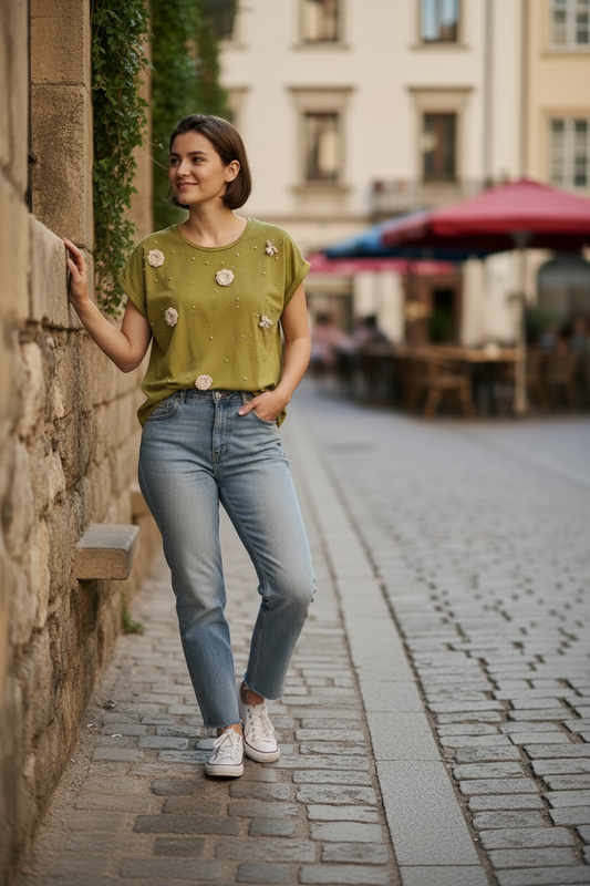 Mesh + Love Citrine Green Embellished Floral Tee