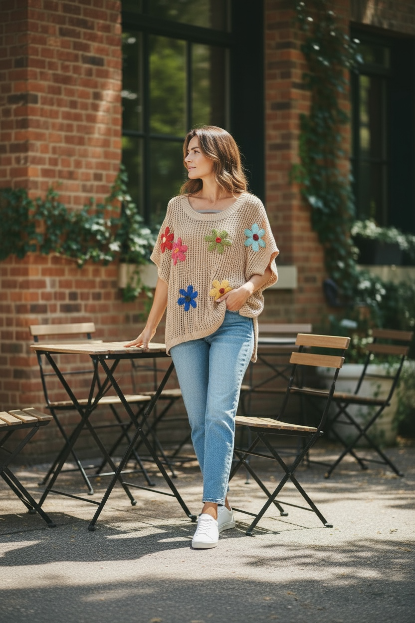 Beige Crochet Flower Appliqué Sweater Top