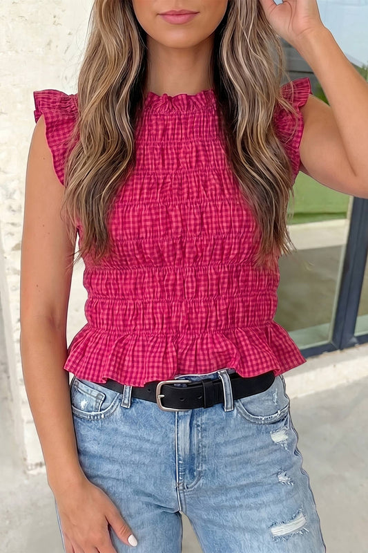 Plaid Shirred Ruffle Trim Tank Top
