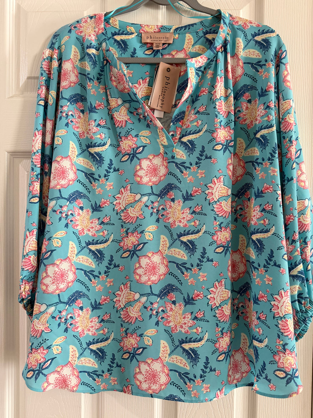 Philosophy Teal Floral V-Neck Blouse with Pink & Cream Accents
