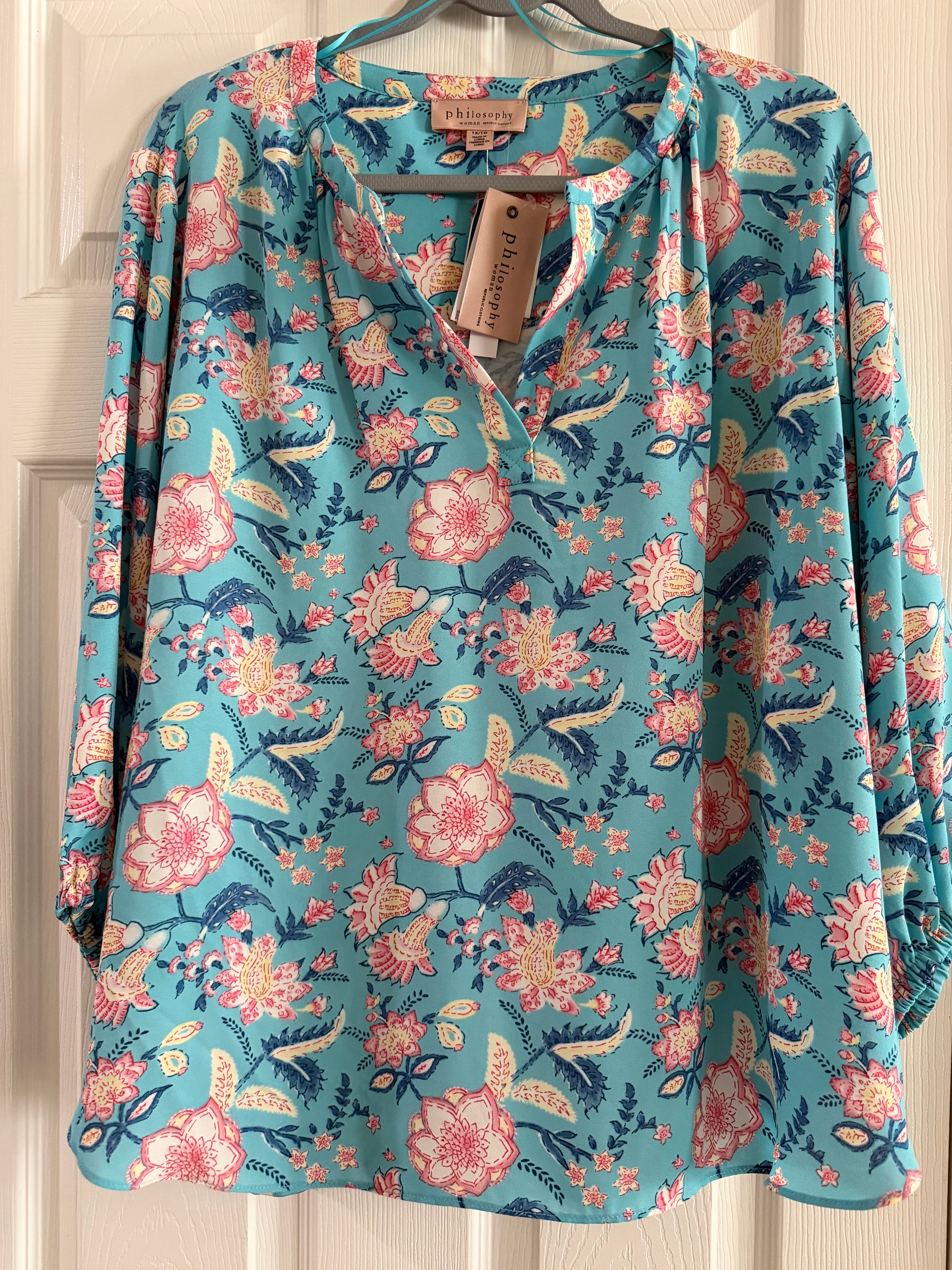 Philosophy Teal Floral V-Neck Blouse with Pink & Cream Accents