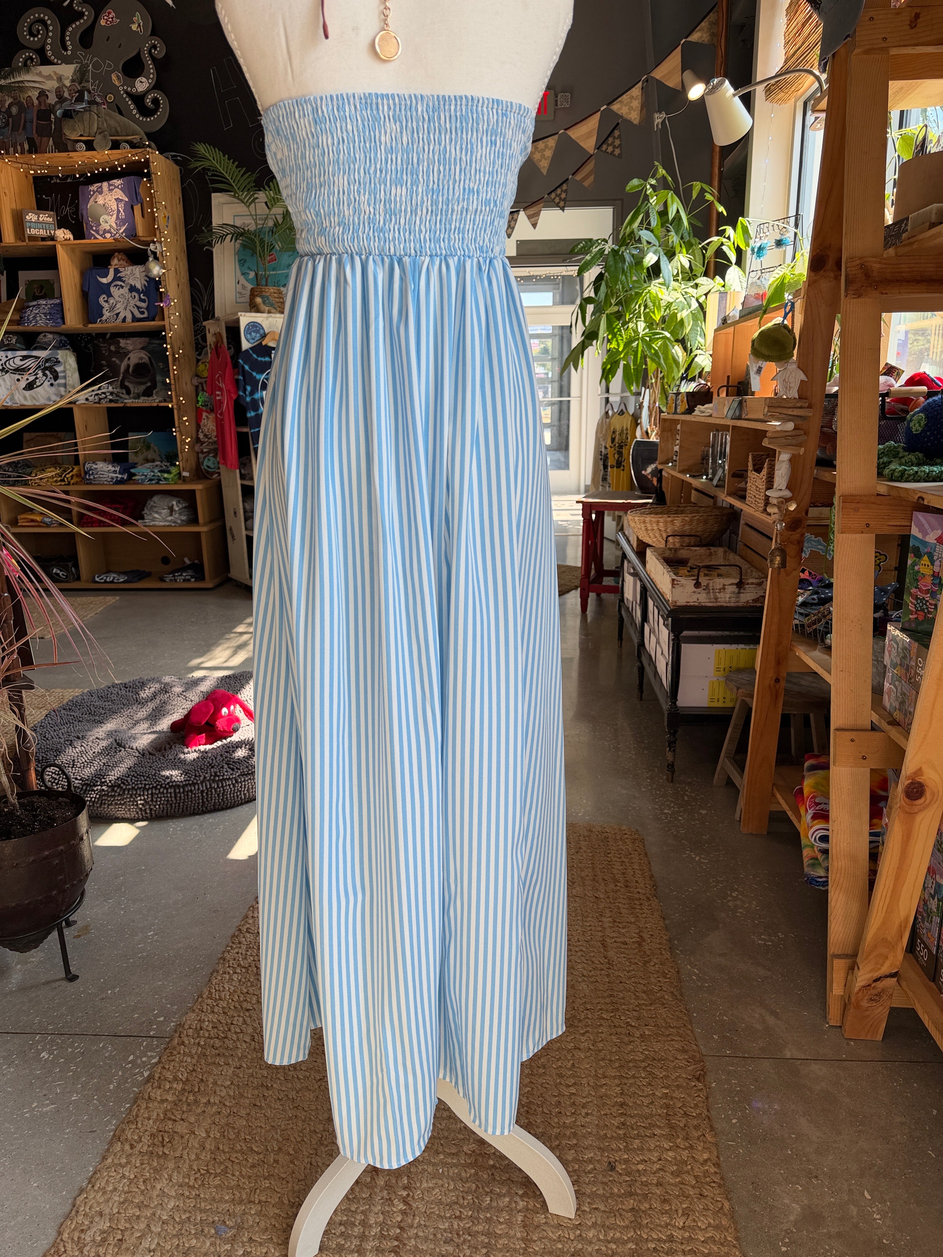 Striped Blue Halter Maxi Dress with Brown Trim