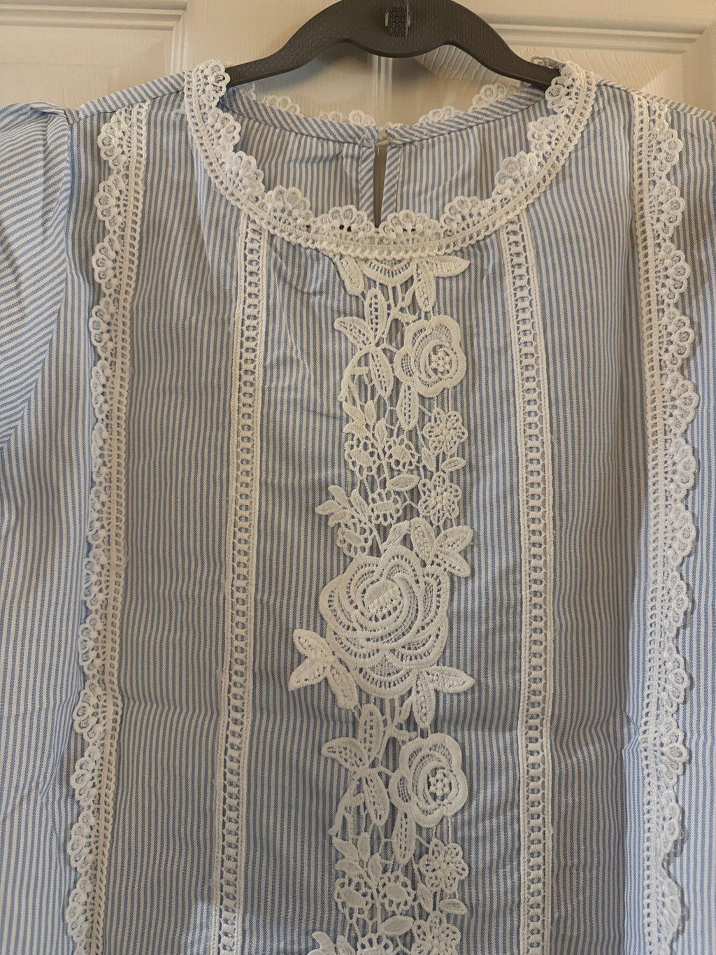 Blue Striped Lace-Trim Blouse