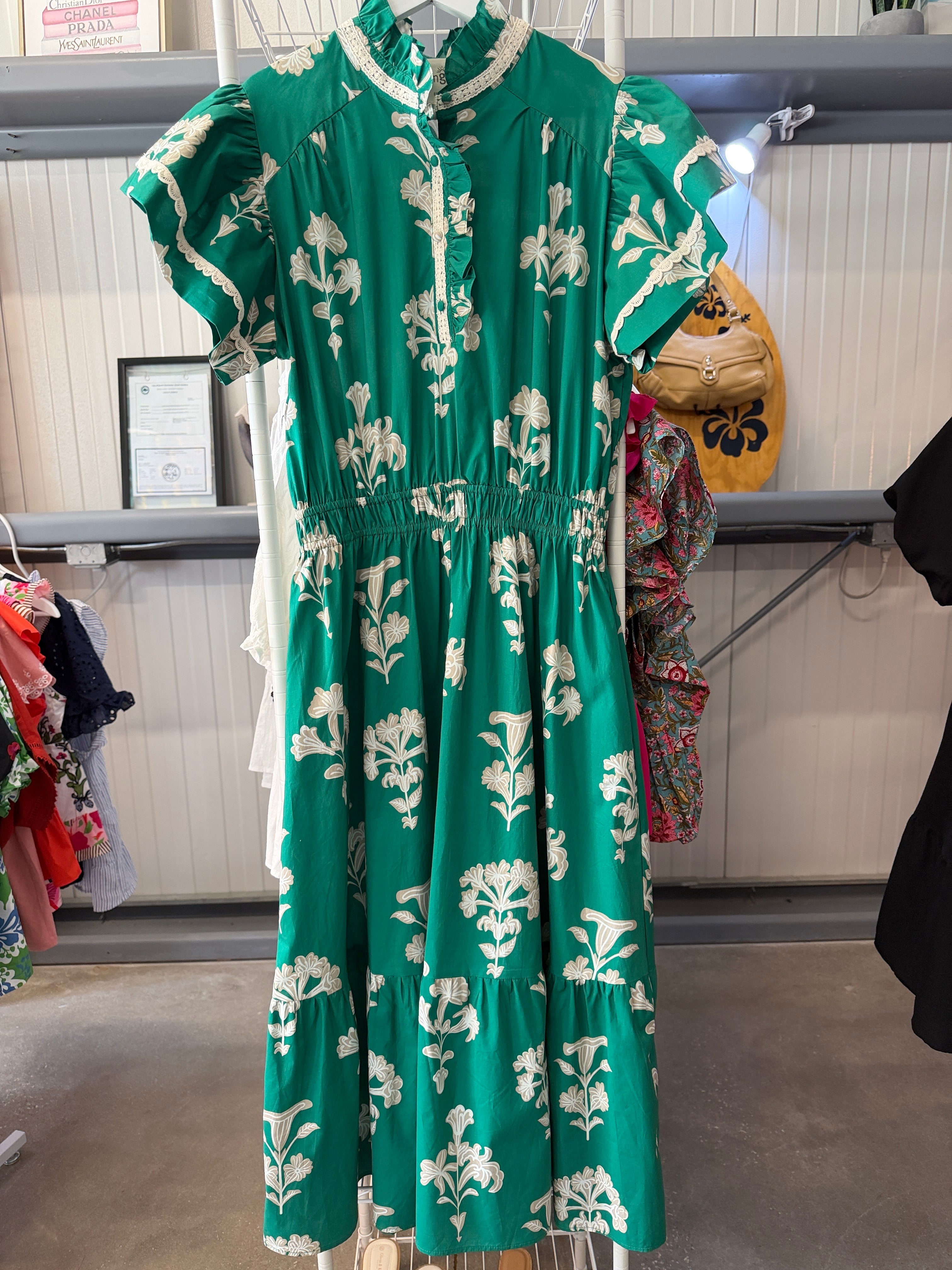 Umgee Green Midi Dress with Cream Floral Print