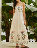 Ladies Floral Print Tiered Backless Maxi Dress: White / L