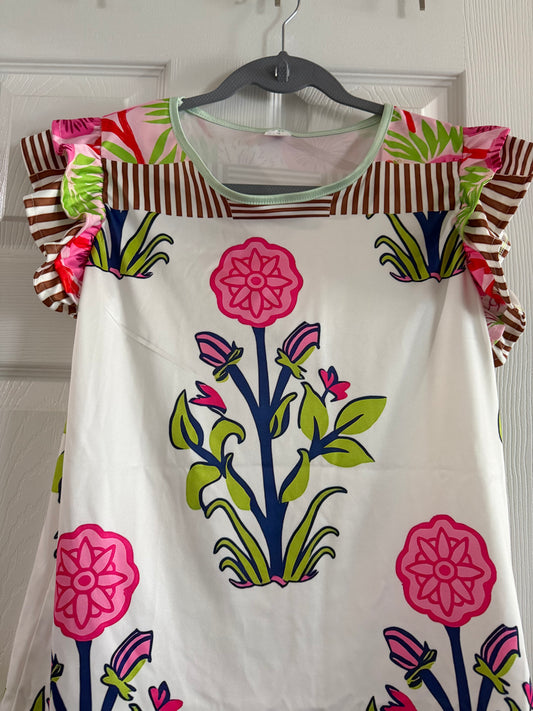 White Floral Graphic Tunic with Pink & Lime Accents