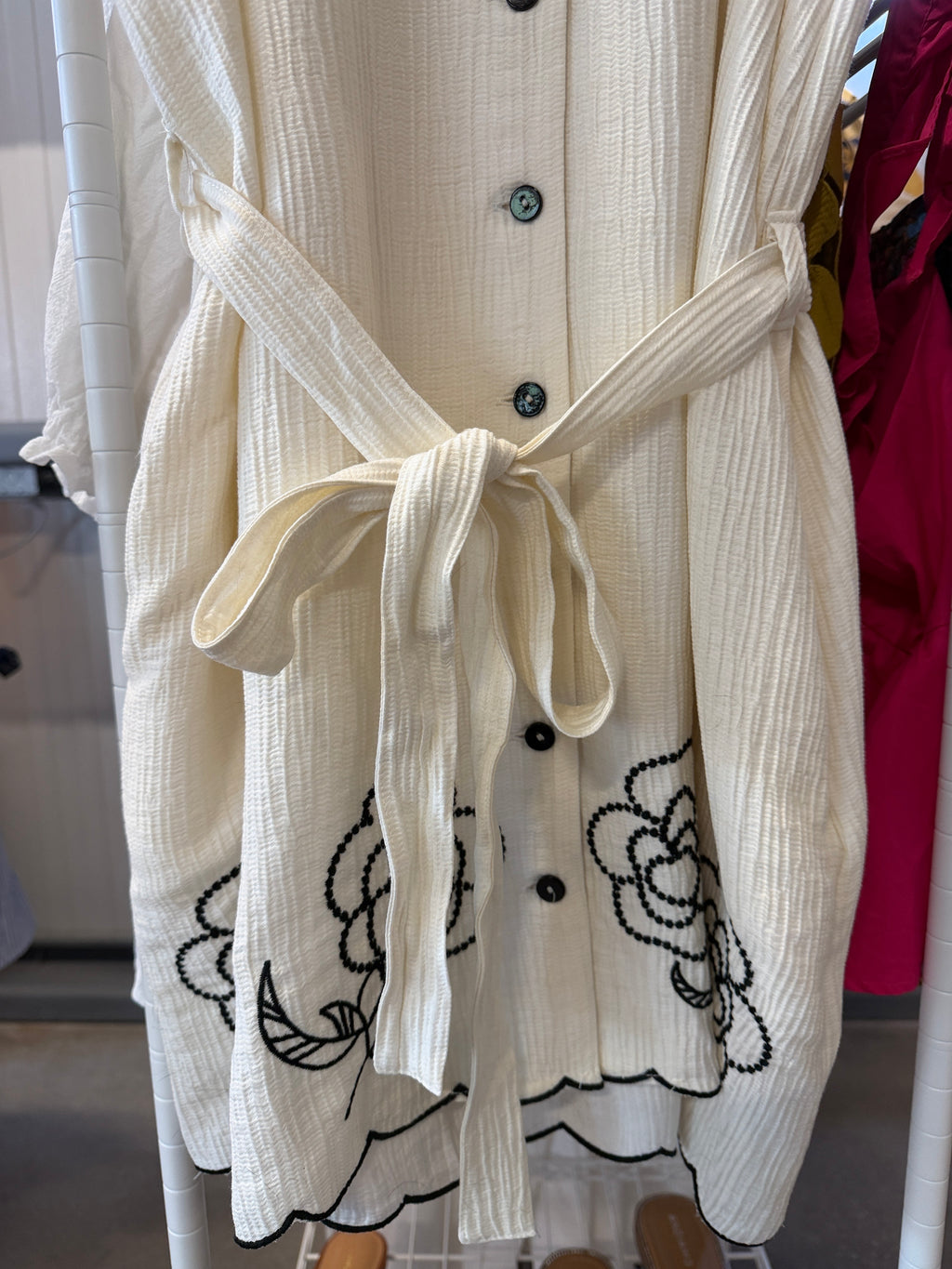 Umgee Cream Button-Front Dress with Black Floral Embroidery