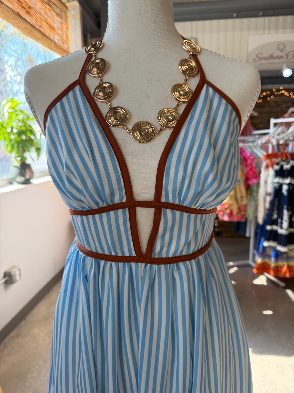 Striped Blue Halter Maxi Dress with Brown Trim