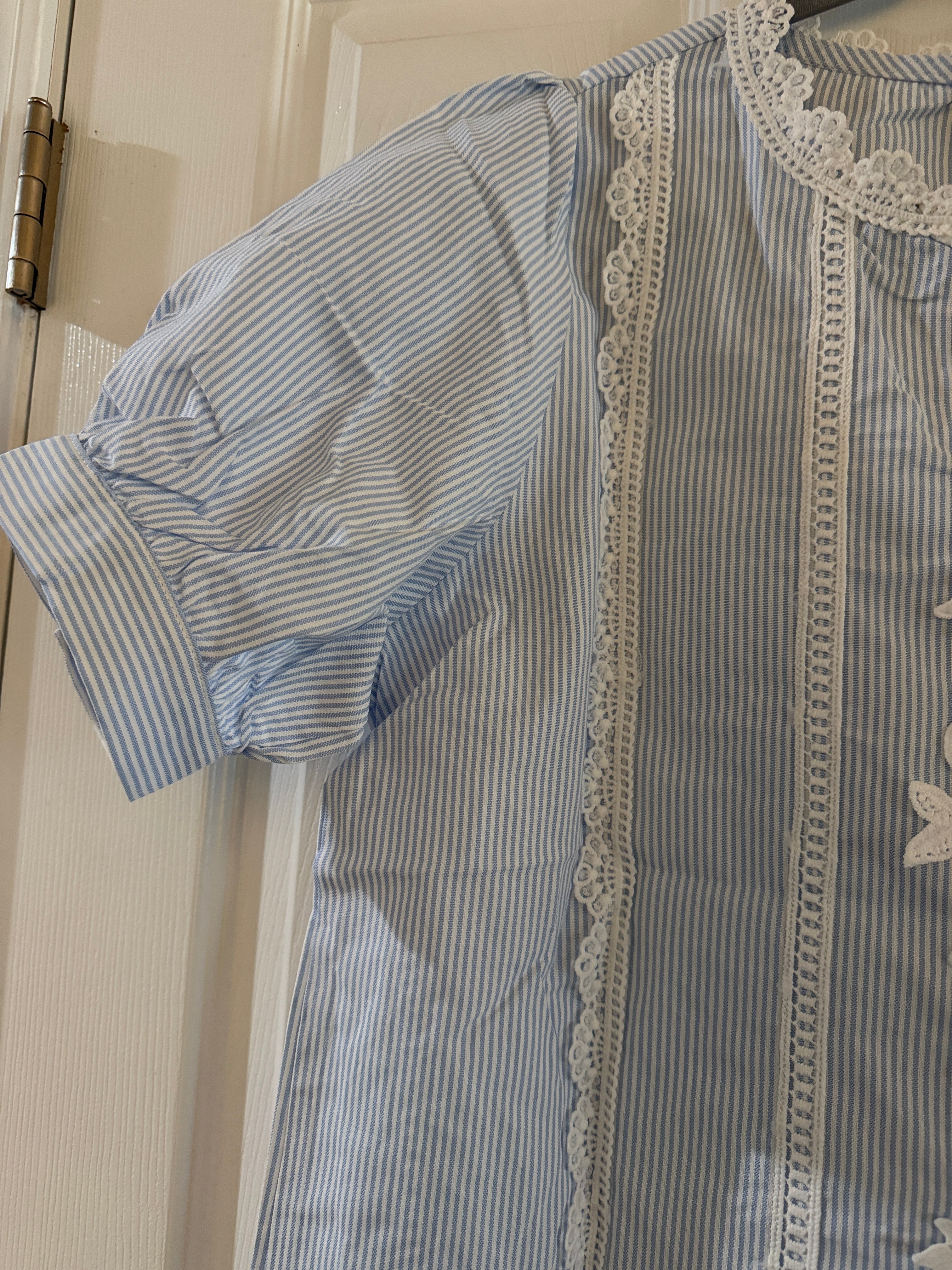 Blue Striped Lace-Trim Blouse