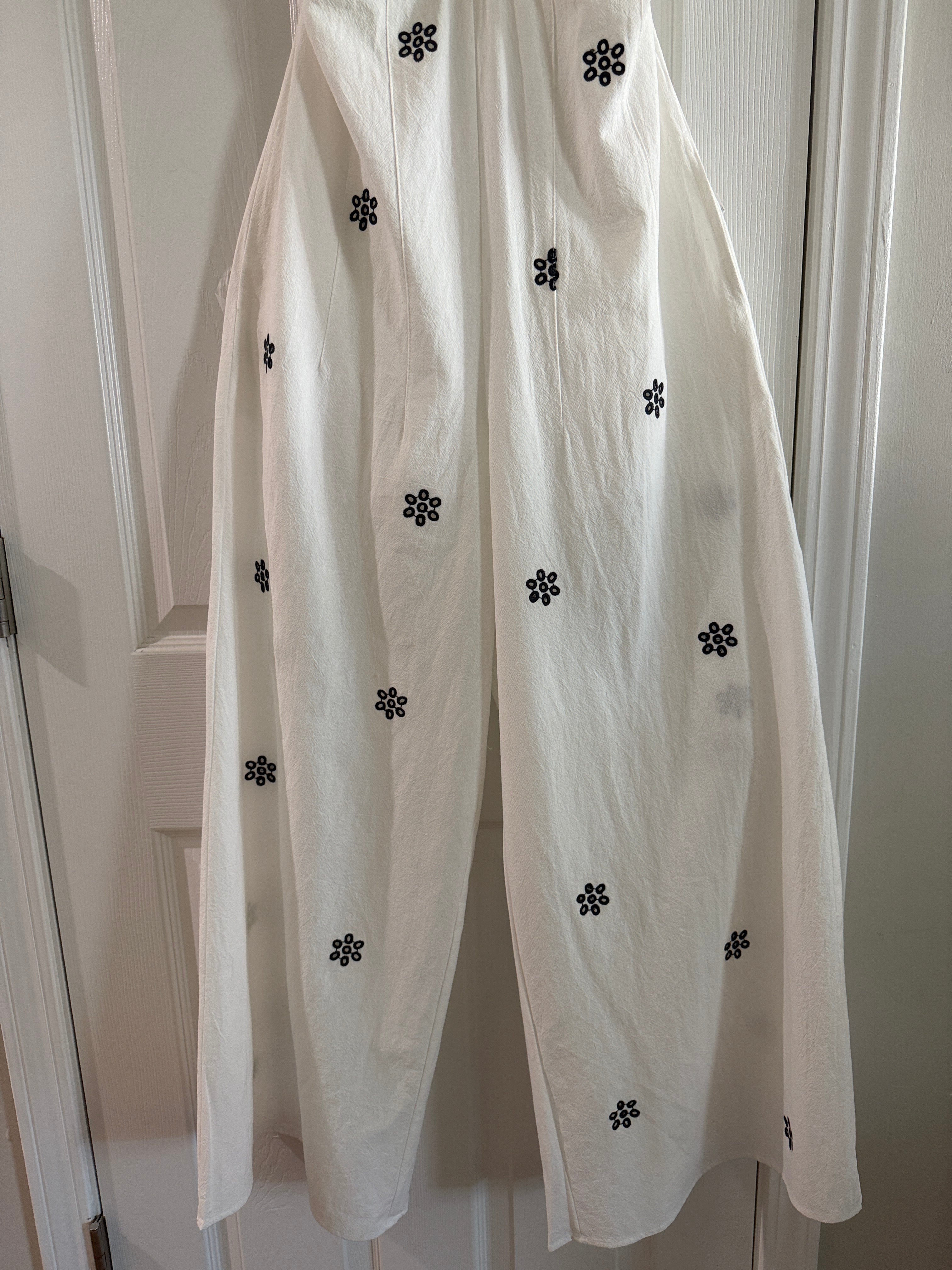 White Spaghetti-Strap Jumpsuit with Black Floral Embroidery