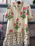 Umgee Cream Midi Dress with Pink Floral Print and Green Leaves