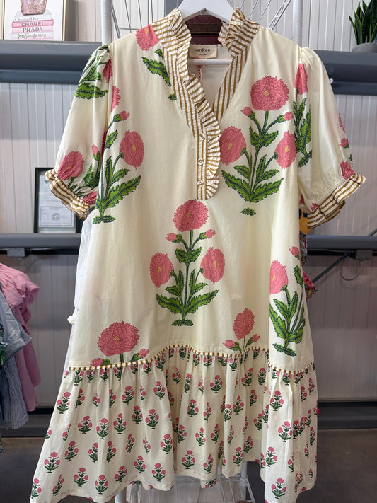 Umgee Cream Midi Dress with Pink Floral Print and Green Leaves