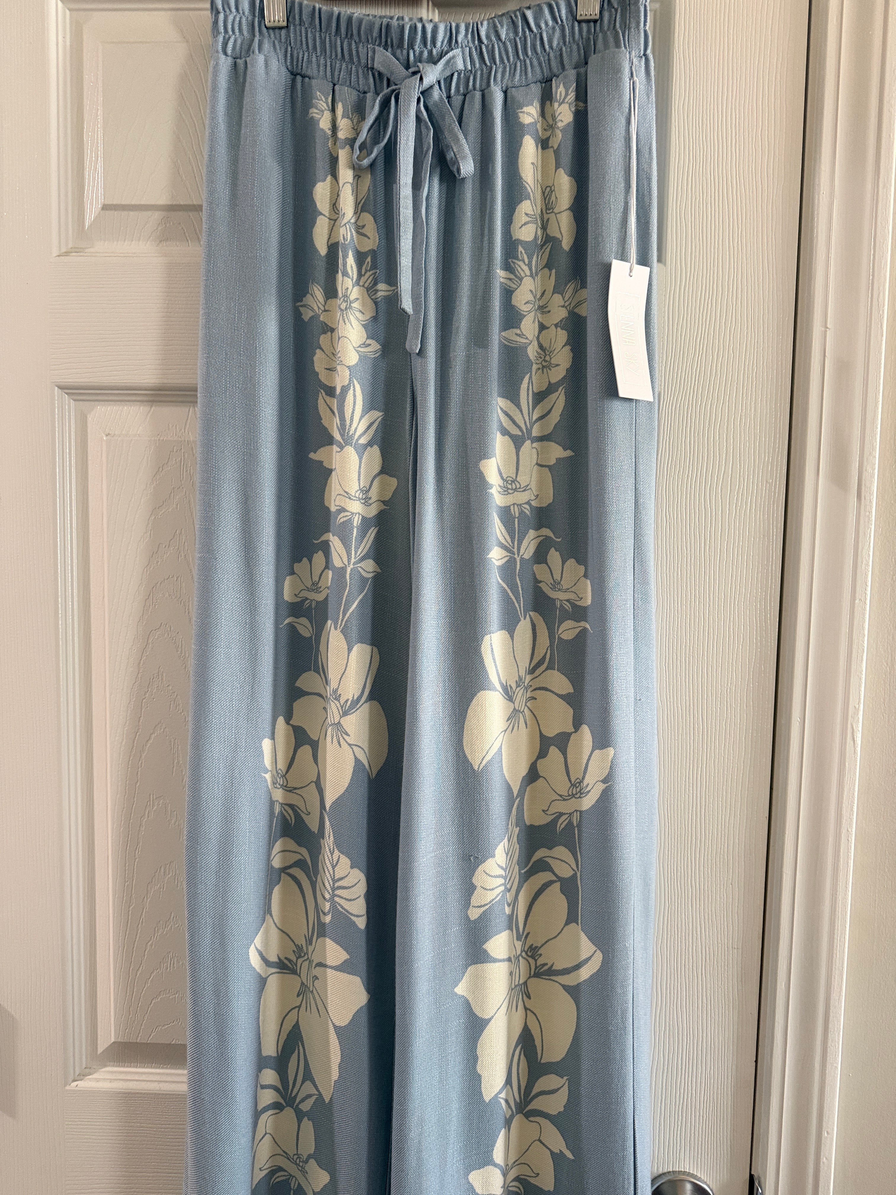 Light Blue Floral Wide-Leg Pants