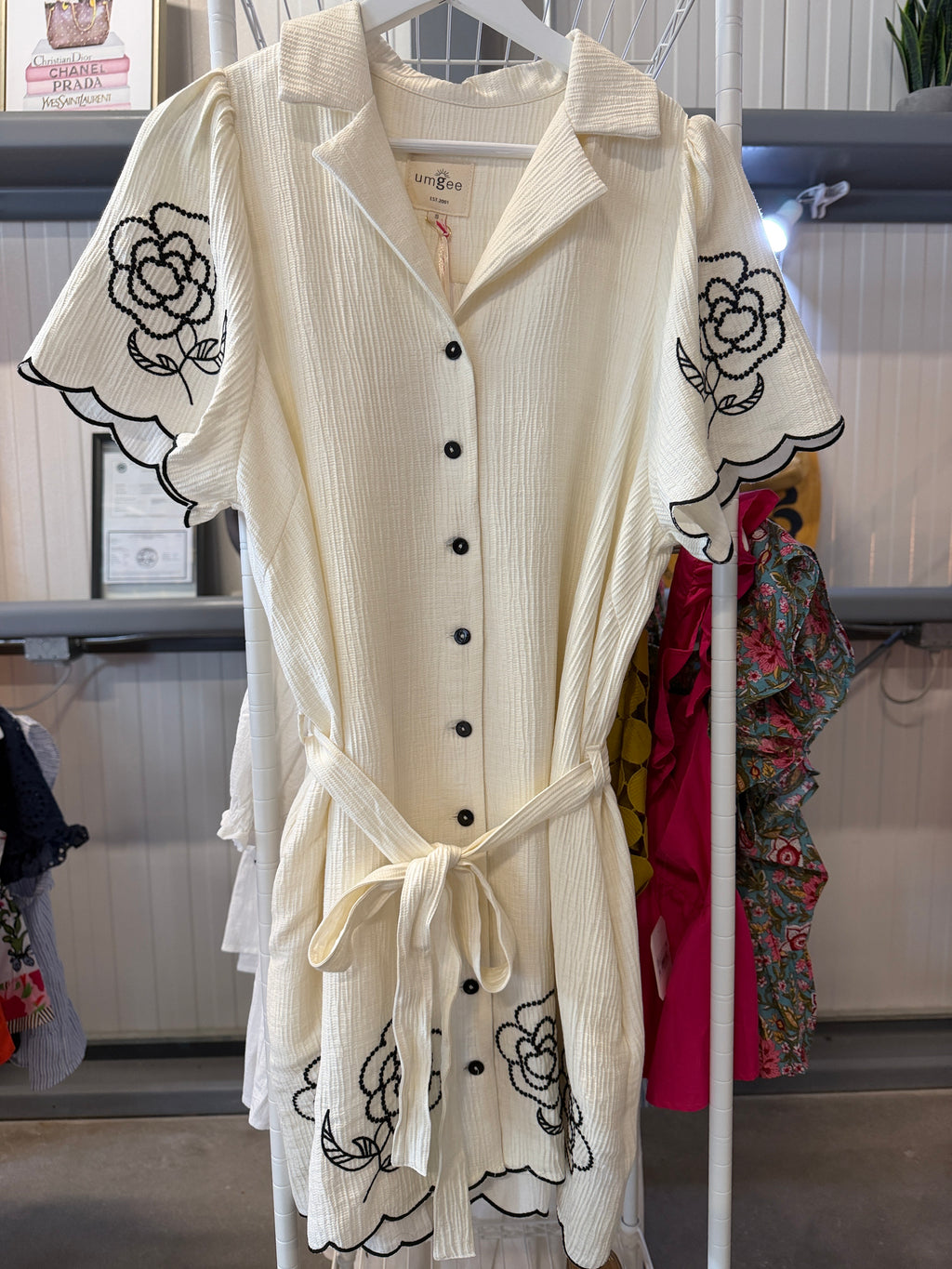 Umgee Cream Button-Front Dress with Black Floral Embroidery