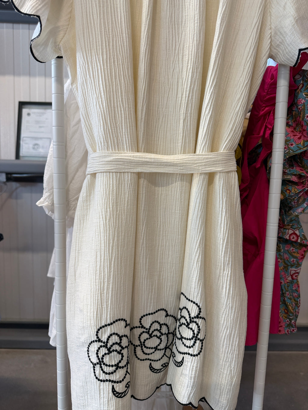 Umgee Cream Button-Front Dress with Black Floral Embroidery