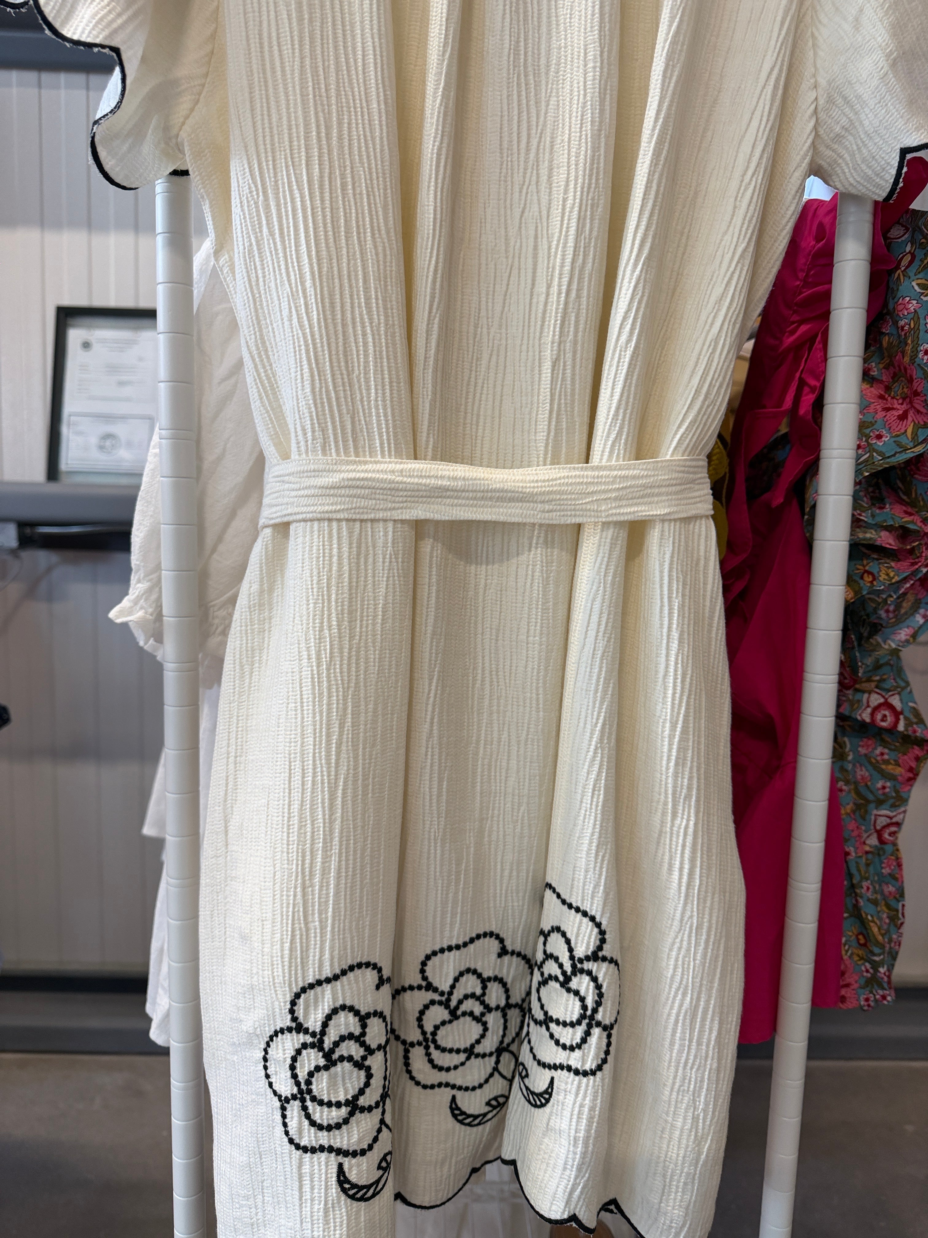 Umgee Cream Button-Front Dress with Black Floral Embroidery