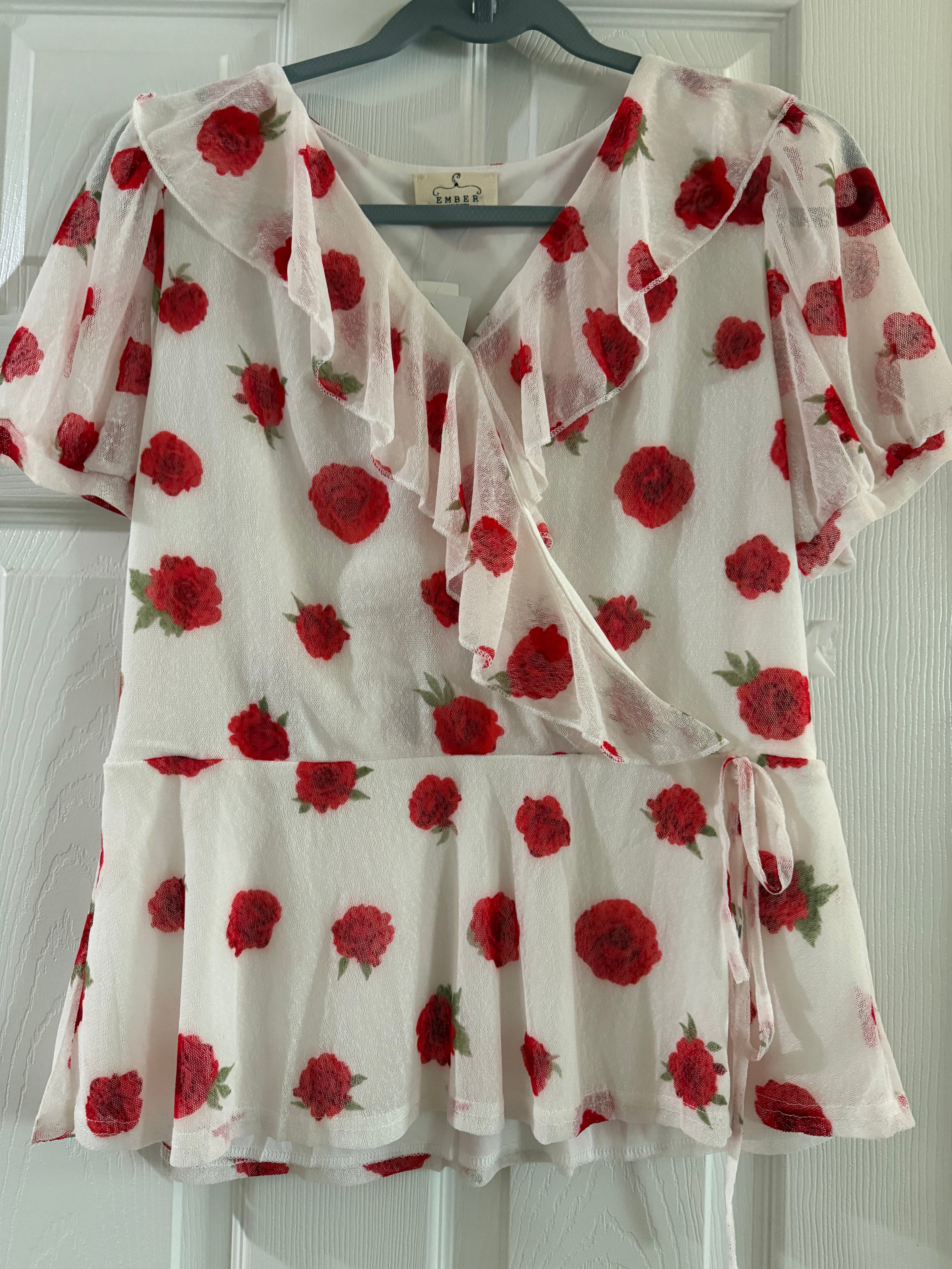 Red Rose Print Wrap Blouse in White