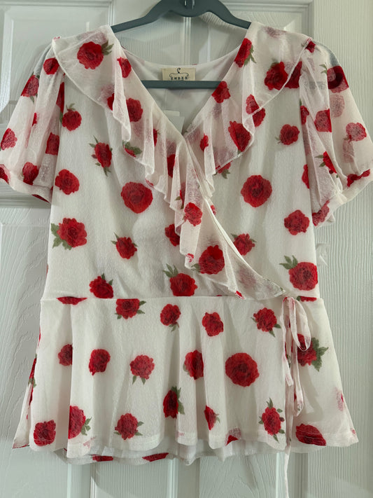 Red Rose Print Wrap Blouse in White