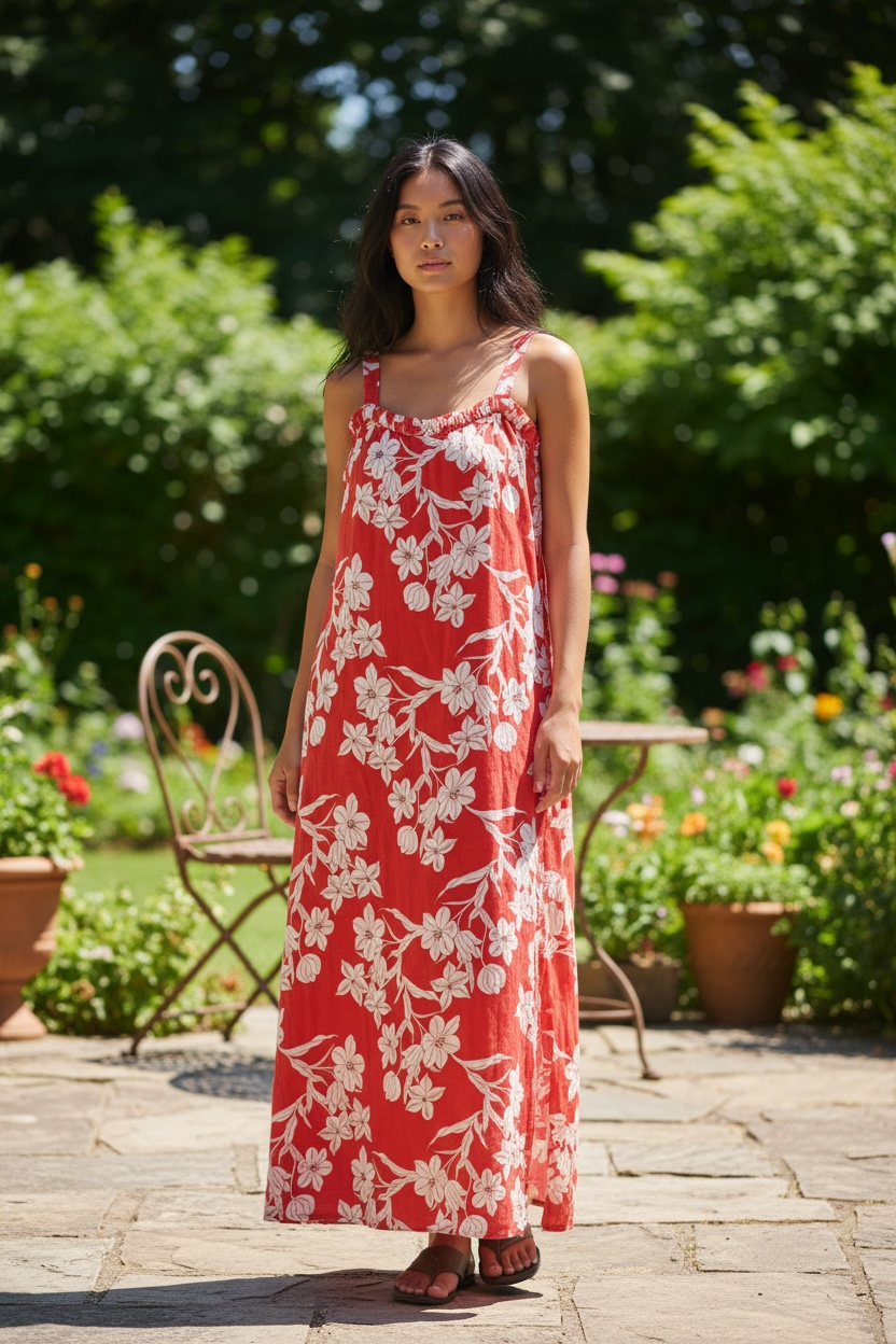 Zara Red Floral Maxi Sundress with White Flower Print