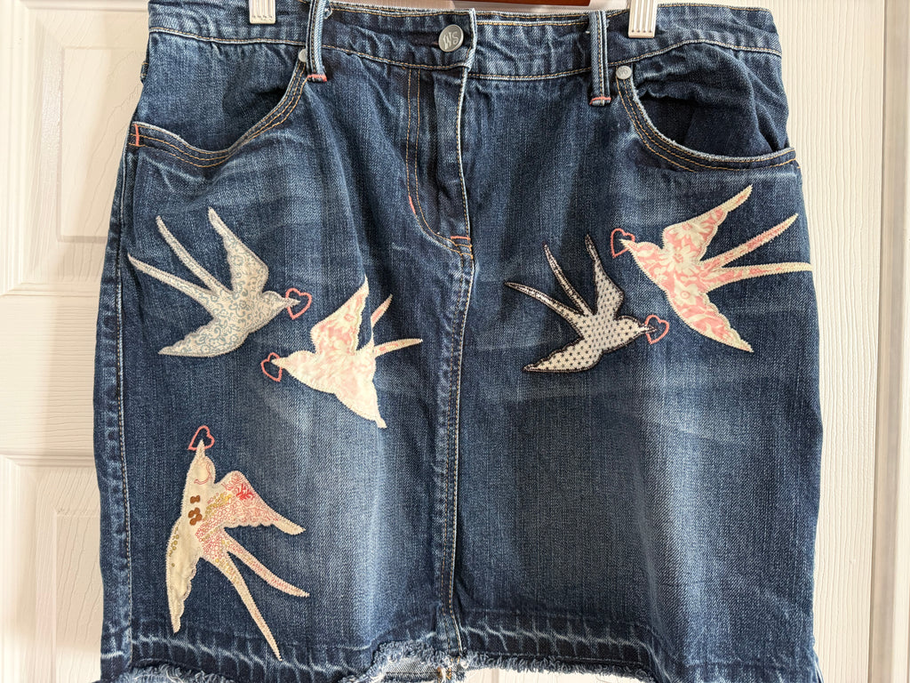Women’s Dark Blue Denim Mini Skirt with Bird Appliqués