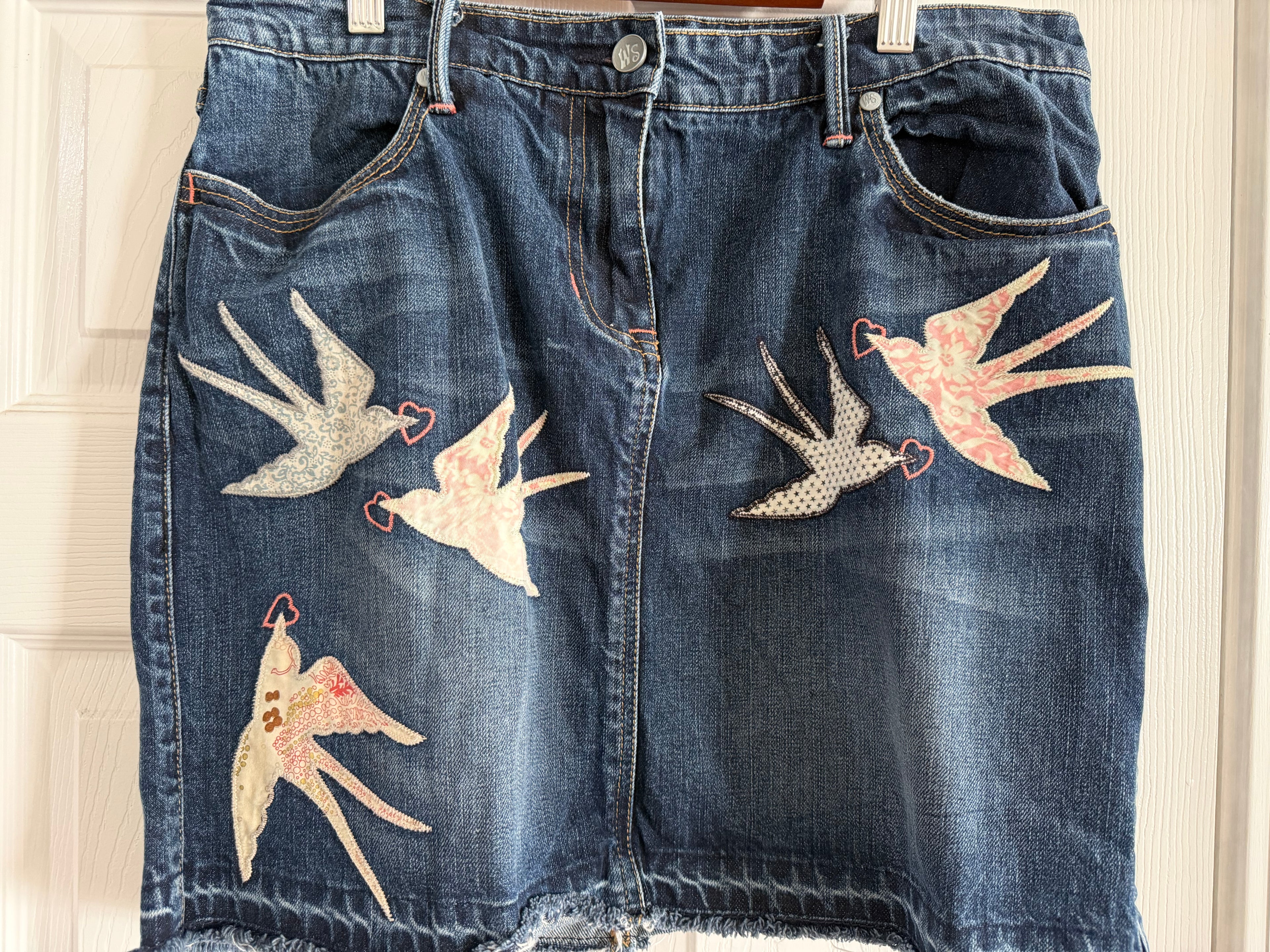 Women’s Dark Blue Denim Mini Skirt with Bird Appliqués