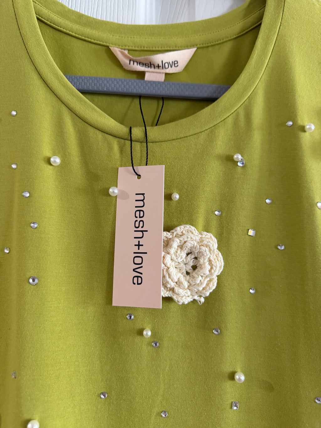 Mesh + Love Citrine Green Embellished Floral Tee