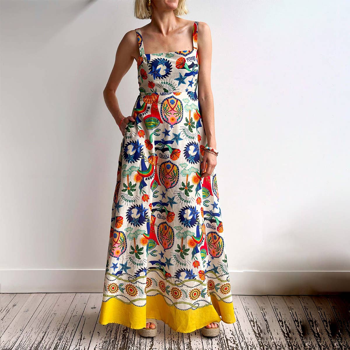 Temperament linen printed tank top swing dress: MULTICOLOR / (M) 1
